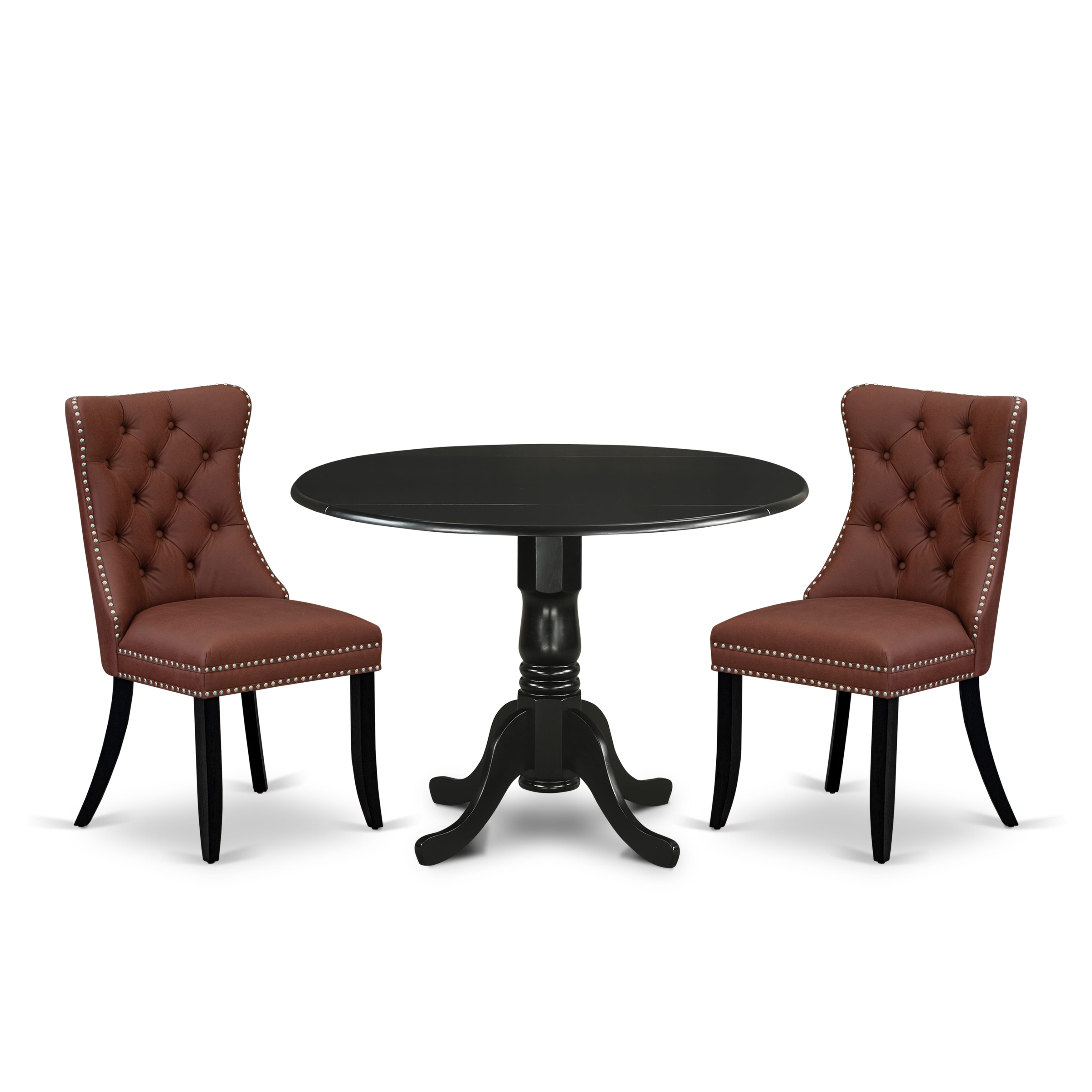 East West Furniture DLDA3-BLK-26 3 Piece Dining Room Furniture Set Includes a Round Kitchen Table with Dropleaf and 2 Upholstered Chairs, 42x42 Inch, Black