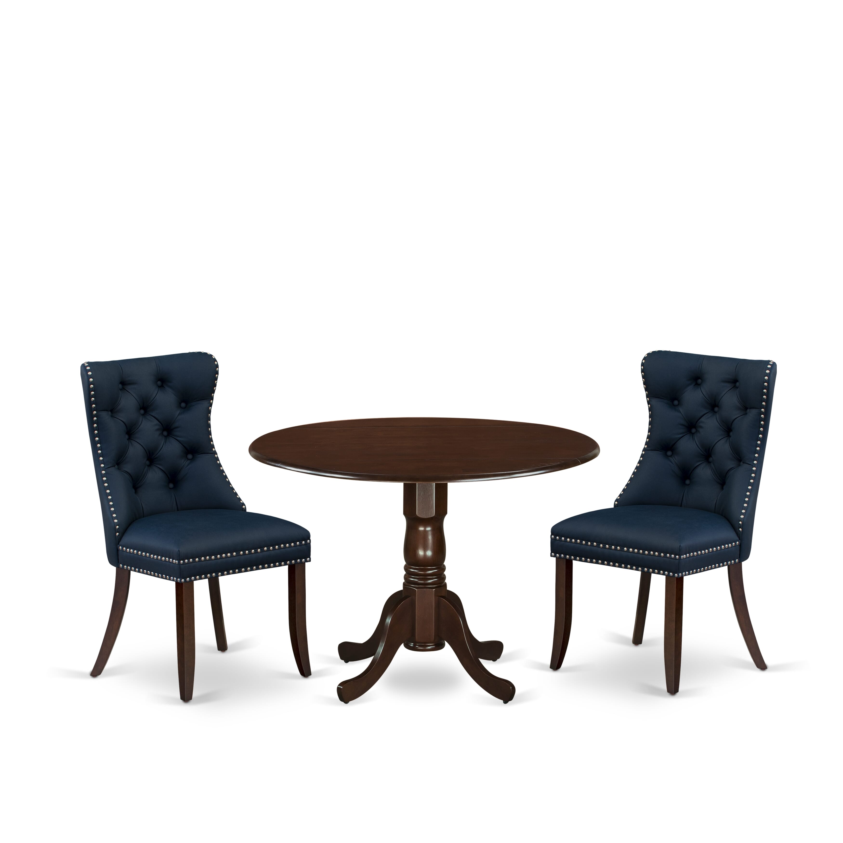 East West Furniture DLDA3-MAH-29 3 Piece Modern Dining Table Set Consists of a Round Kitchen Table with Dropleaf and 2 Padded Chairs, 42x42 Inch, Mahogany