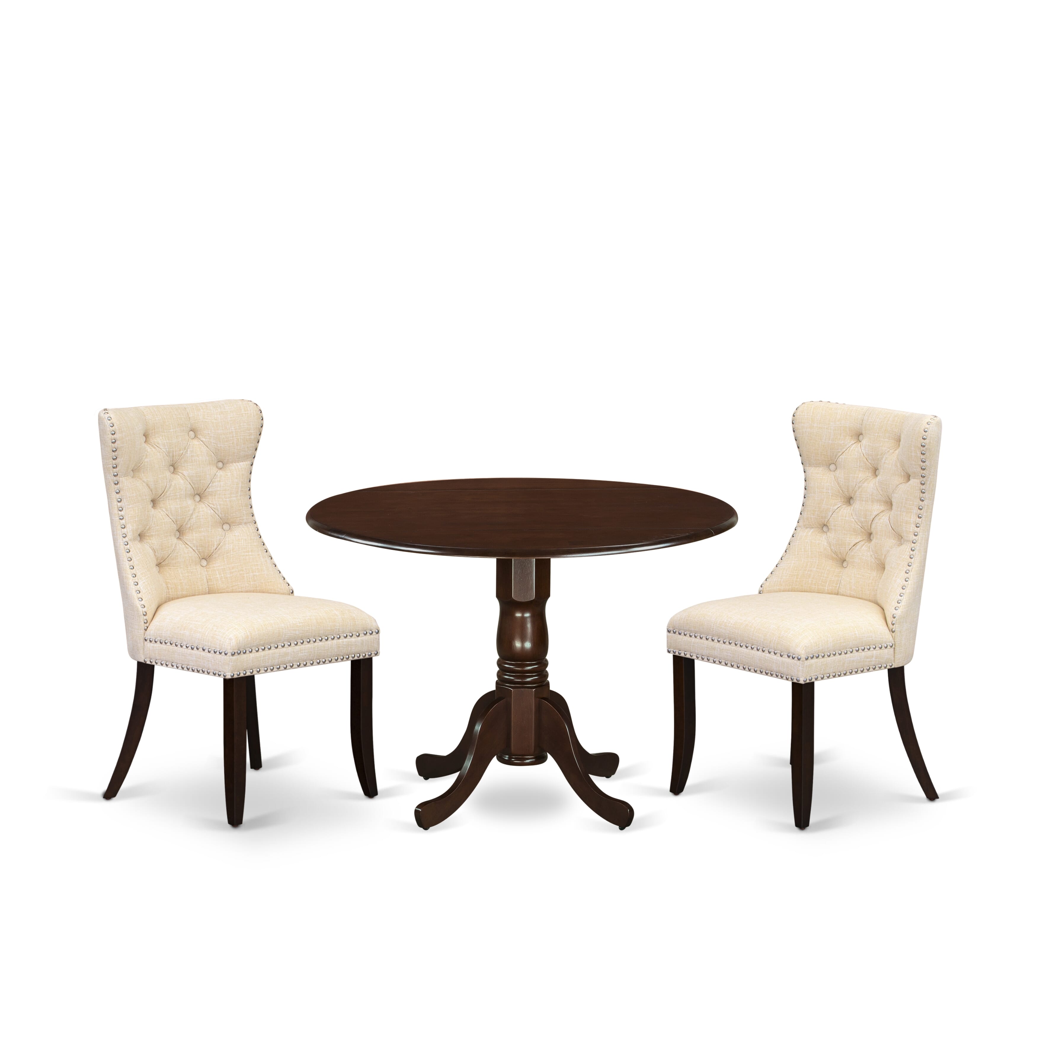 East West Furniture DLDA3-MAH-32 3 Piece Modern Dining Table Set Includes a Round Kitchen Table with Dropleaf and 2 Padded Chairs, 42x42 Inch, Mahogany