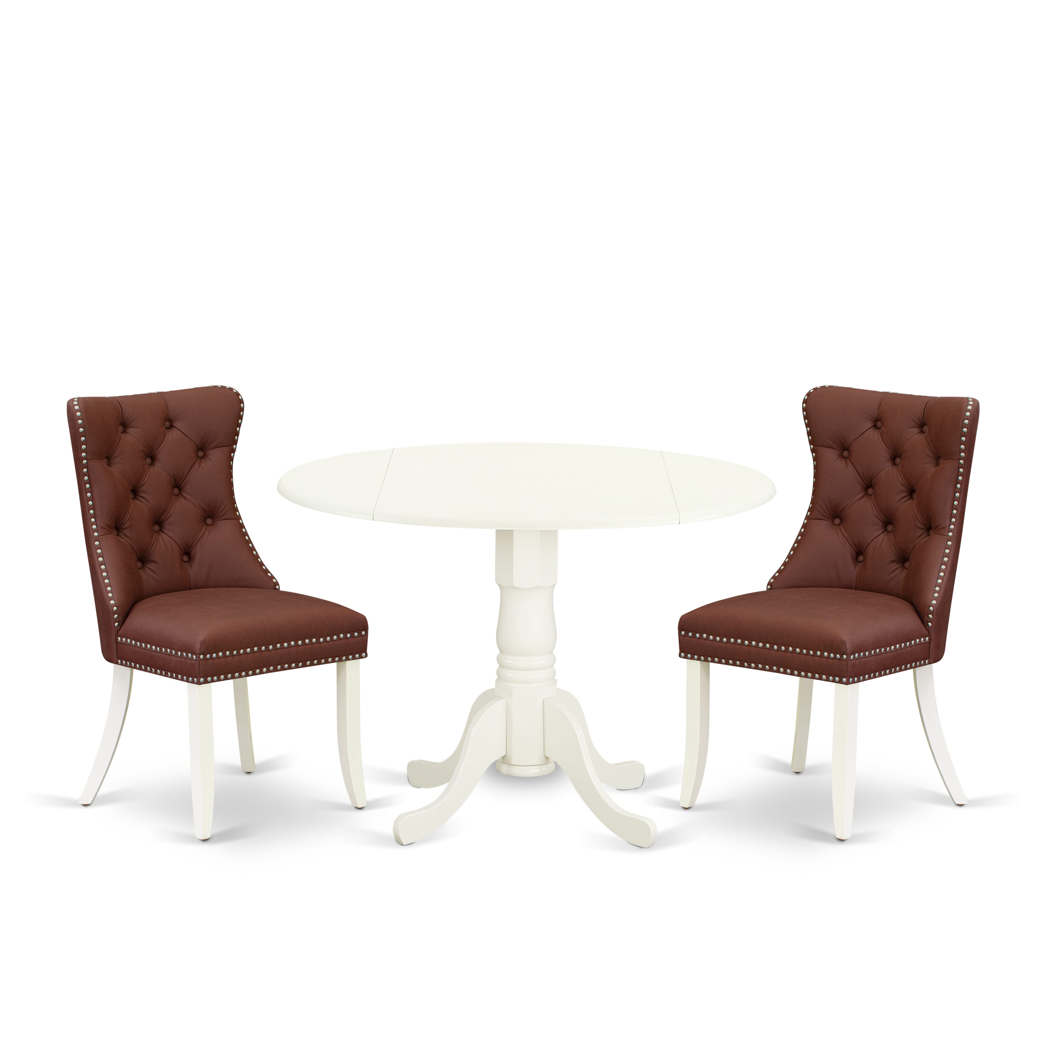 East West Furniture DLDA3-WHI-26 3 Piece Modern Dining Table Set Includes a Round Kitchen Table with Dropleaf and 2 Upholstered Parson Chairs, 42x42 Inch, linen white
