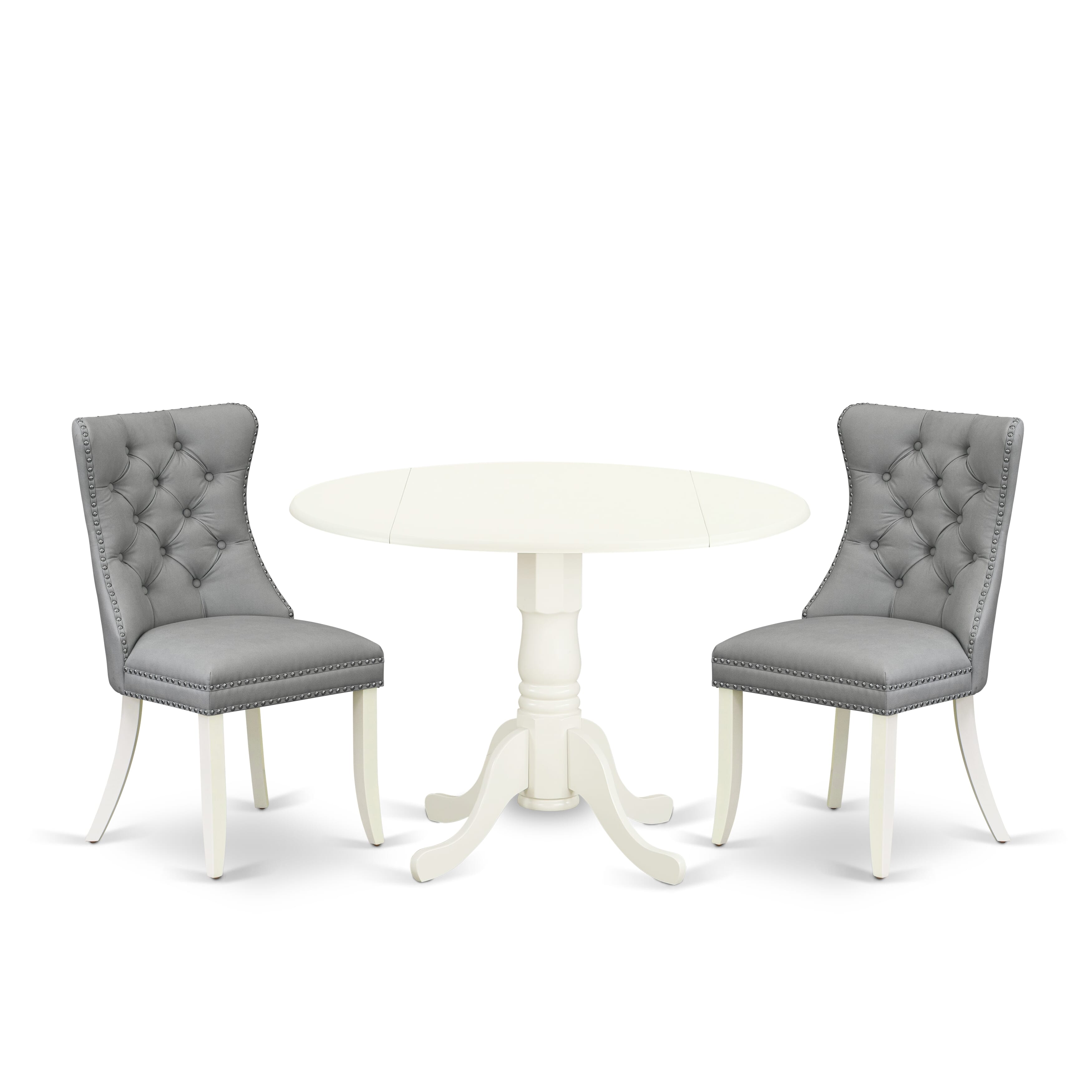 East West Furniture DLDA3-WHI-27 3 Piece Dinette Set for Small Spaces Consists of a Round Dining Table with Dropleaf and 2 Upholstered Parson Chairs, 42x42 Inch, linen white