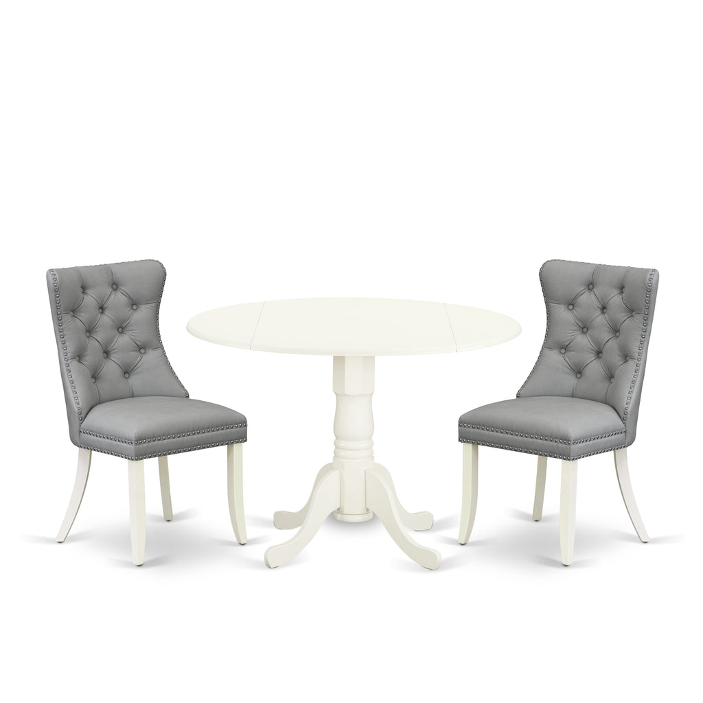 East West Furniture DLDA3-WHI-27 3 Piece Dinette Set for Small Spaces Consists of a Round Dining Table with Dropleaf and 2 Upholstered Parson Chairs