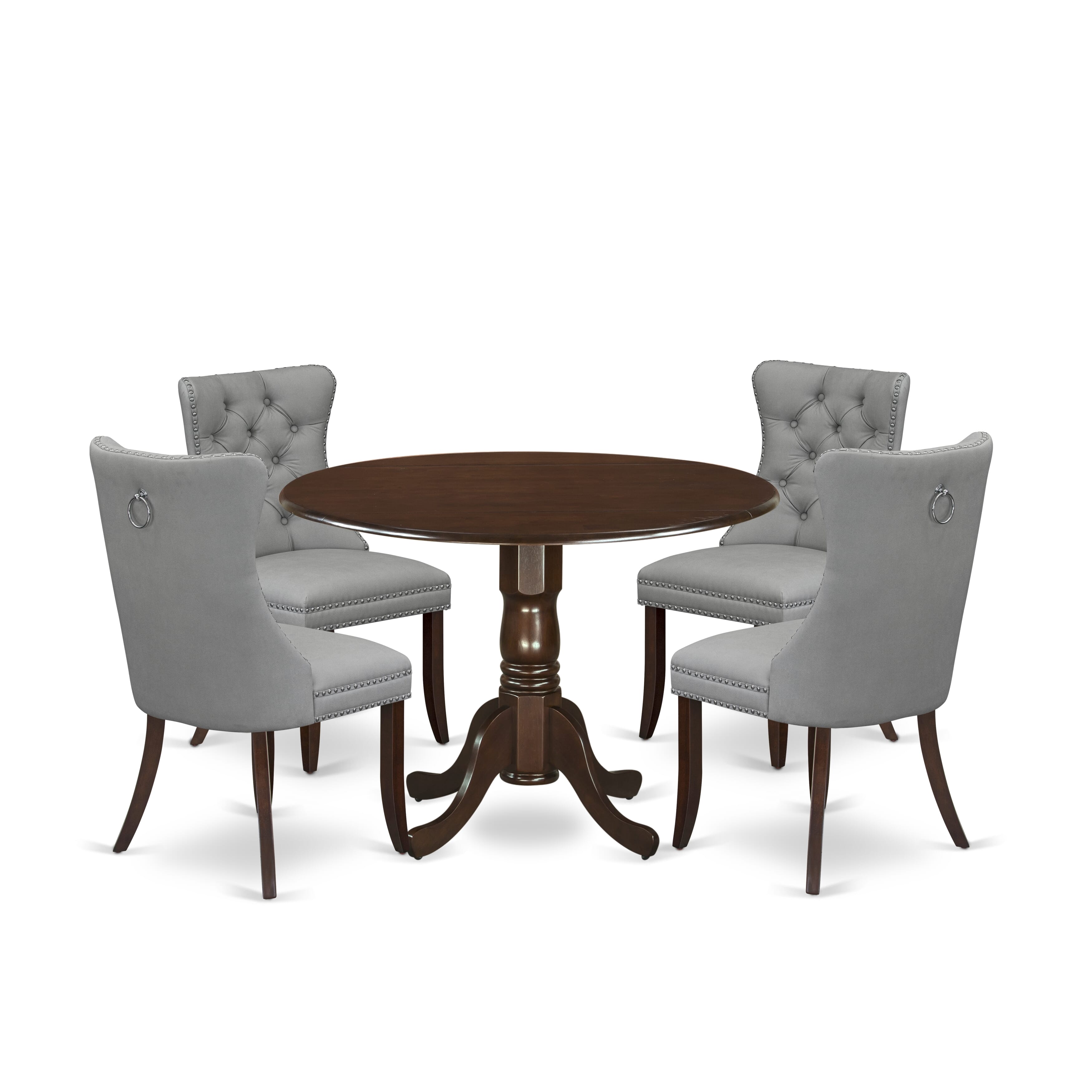 East West Furniture DLDA5-MAH-27 5 Piece Dining Table Set Includes a Round Kitchen Table with Dropleaf and 4 Upholstered Parson Chairs, 42x42 Inch, Mahogany