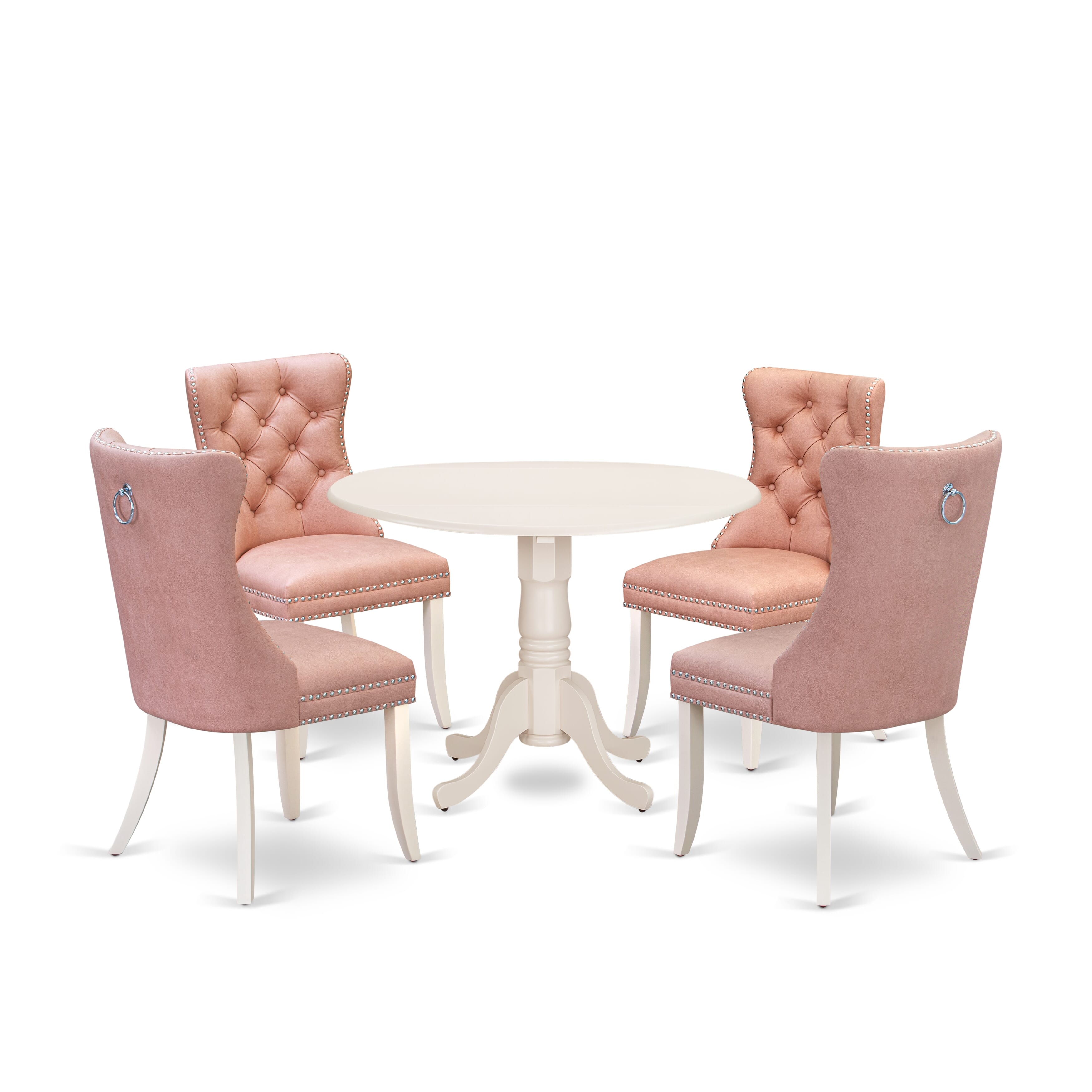 East West Furniture DLDA5-WHI-23 5 Piece Dining Set Includes a Round Kitchen Table with Dropleaf and 4 Upholstered Parson Chairs, 42x42 Inch, linen white