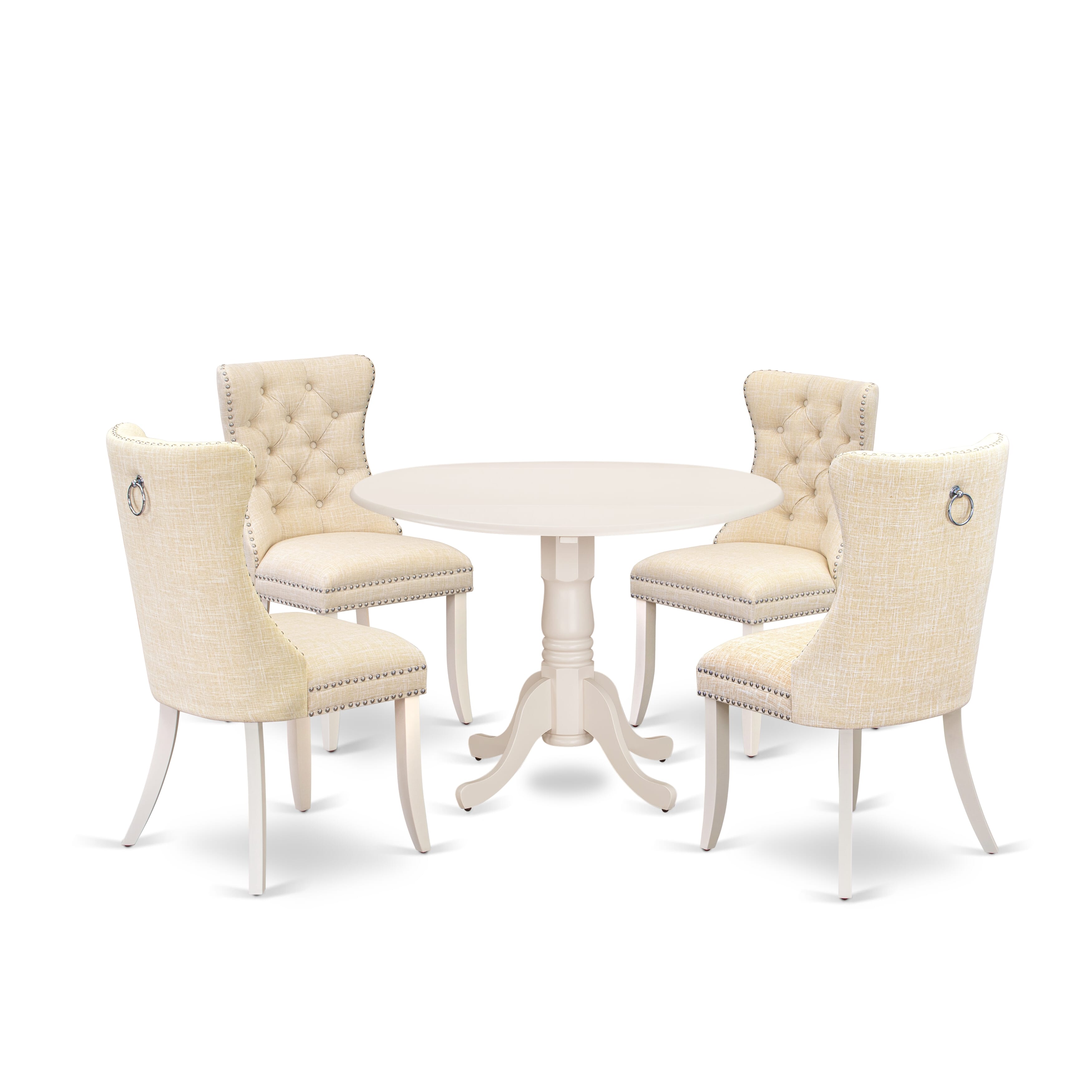 East West Furniture DLDA5-WHI-32 5 Piece Kitchen Table Set Contains a Round Dining Table with Dropleaf and 4 Padded Chairs, 42x42 Inch, linen white