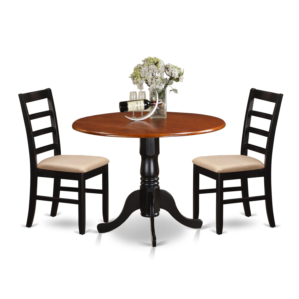 East West Furniture DLPF3-BCH-C 3 Piece Dining Set Contains a Round Dining Room Table with Dropleaf and 2 Linen Fabric Upholstered Kitchen Chairs