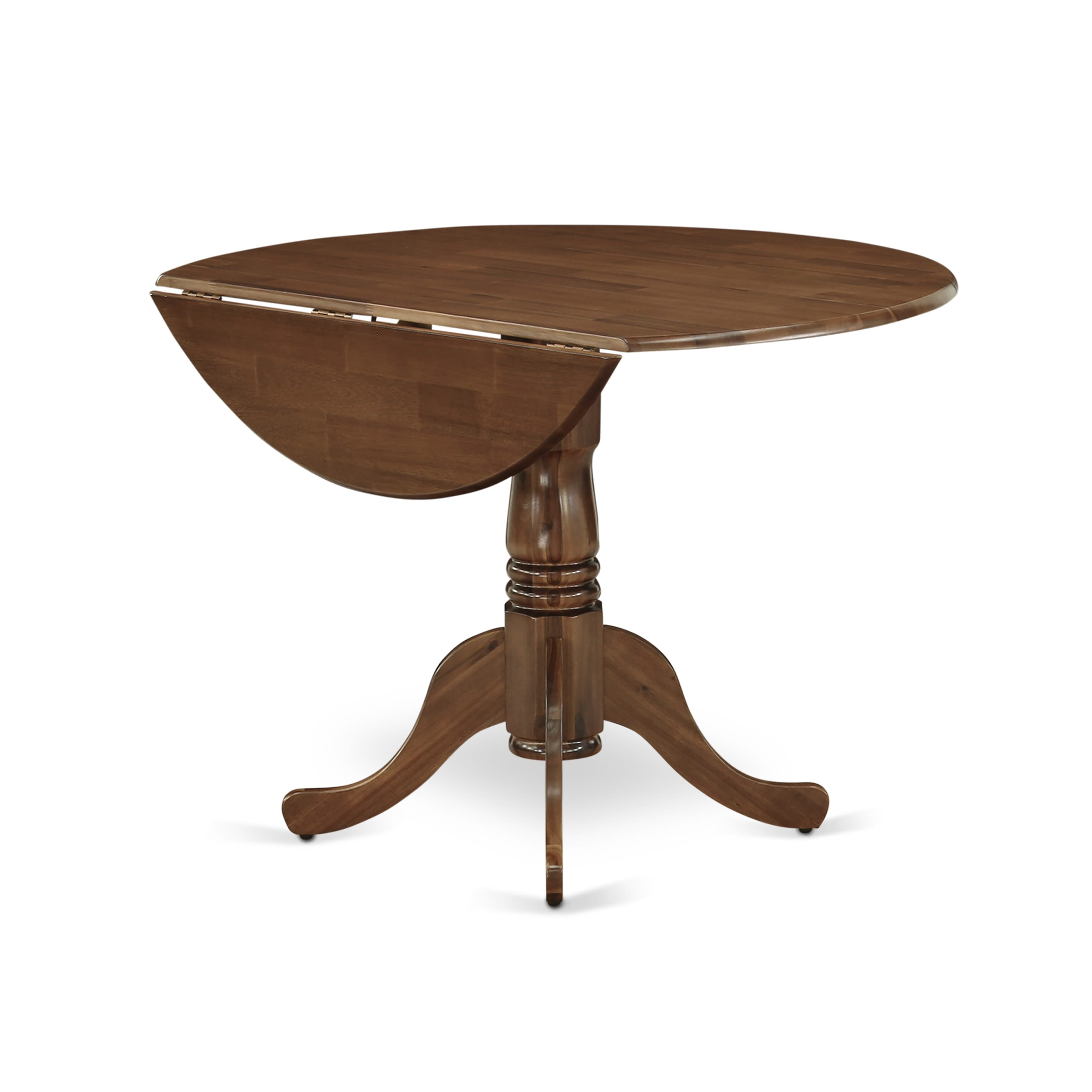 DLX15-AWA-04 5-piece Dining set consists of a Round Table and 4 Light Tan Linen Fabric stackable chairs, Antique Walnut Finish.