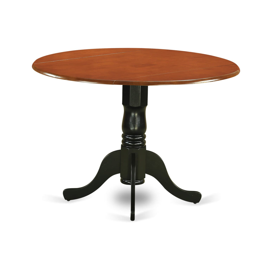 East West Furniture DLNO3-BCH-W 3 Piece Dining Room Table Set  Contains a Round Dining Table with Dropleaf and 2 Wood Seat Chairs, 42x42 Inch, Black & Cherry