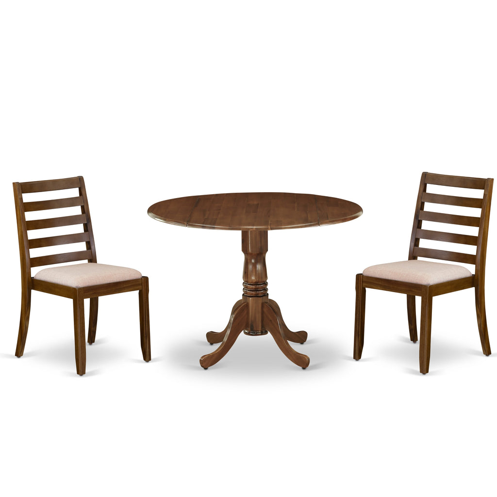 East West Furniture DLX13-AWA-04 3-piece Modern Dining Table set includes a Round Kitchen Table and 2 Light Tan Linen Fabric stackable Dining Chair
