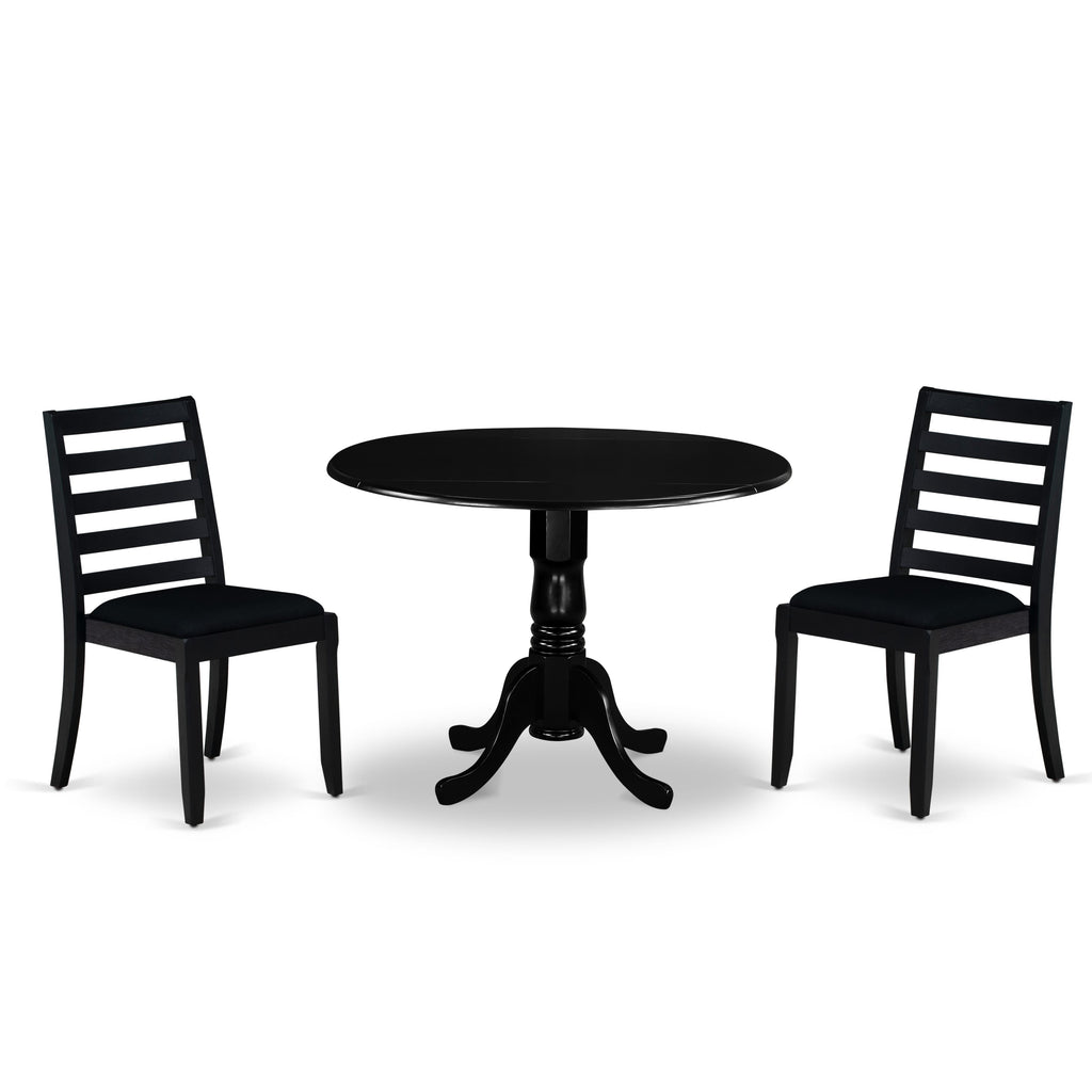 East West Furniture DLX13-BLK-24 -3 Piece Dining Set Includes a Round Kitchen Table with Black Tabletop and 2 Stackable Linen Fabric Chairs