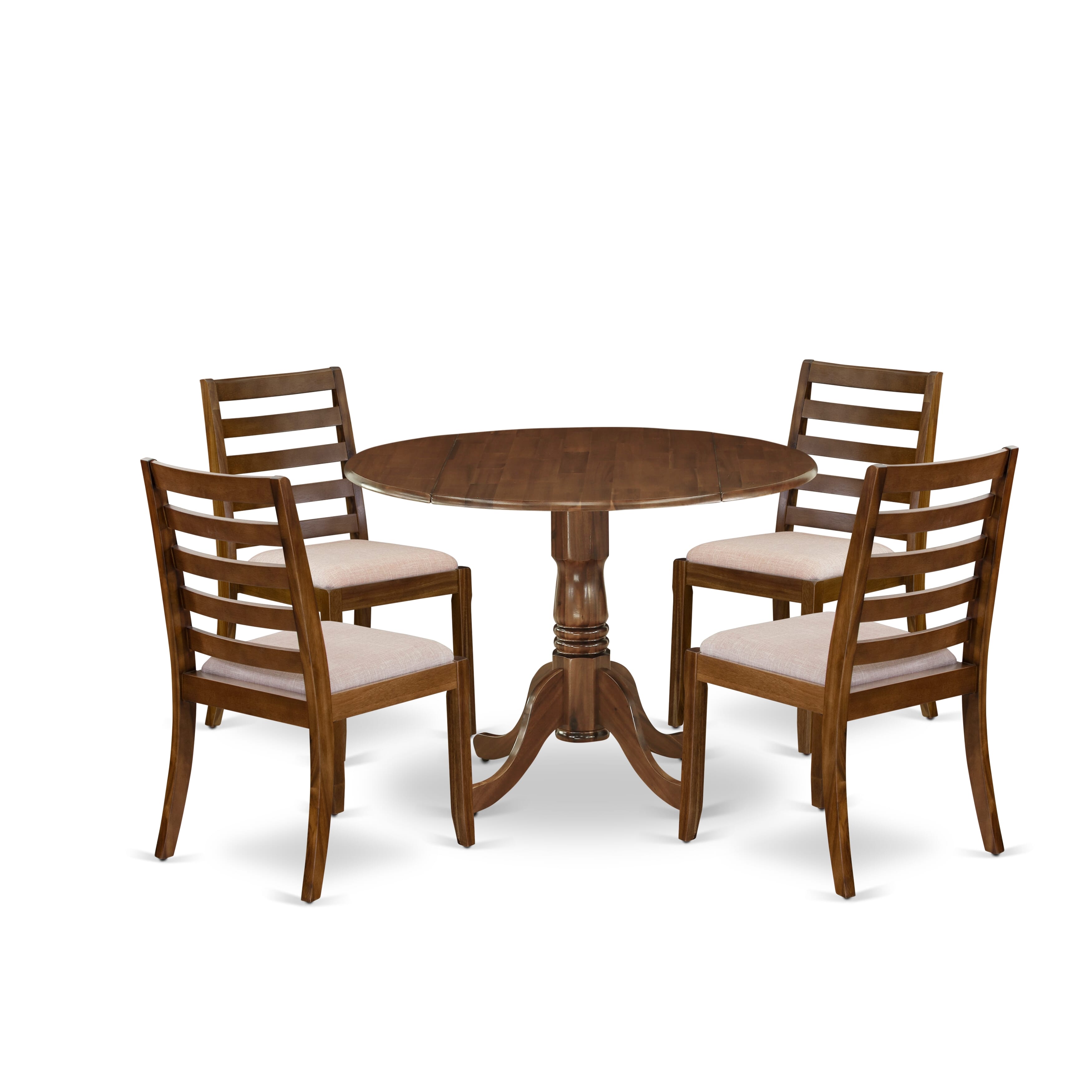 DLX15-AWA-04 5-piece Dining set consists of a Round Table and 4 Light Tan Linen Fabric stackable chairs, Antique Walnut Finish.