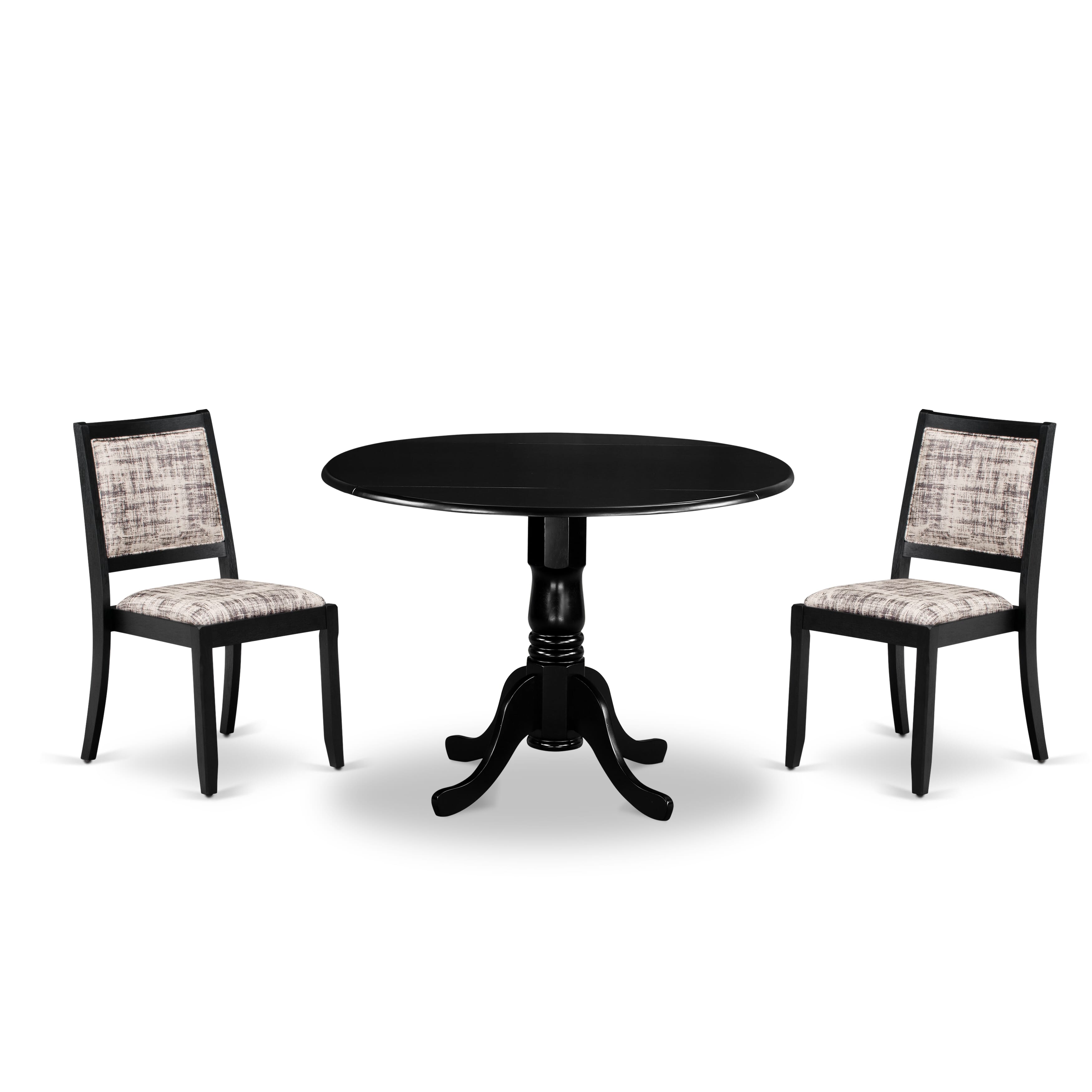 East West Furniture DLX23-BLK-30 -3 Piece Dining Set Includes a Round Table and 2 Stackable Faux Leather Fabric Chairs, Black