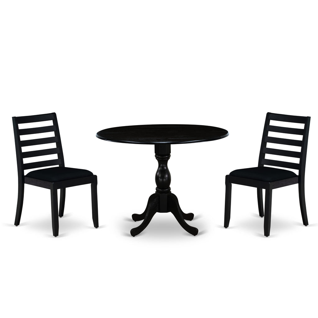 East West Furniture DMX13-ABK-24 -3 Piece Dining Set Includes a Round Kitchen Table with Wire Brushed Black Tabletop & 2 Stackable Linen Fabric Chairs