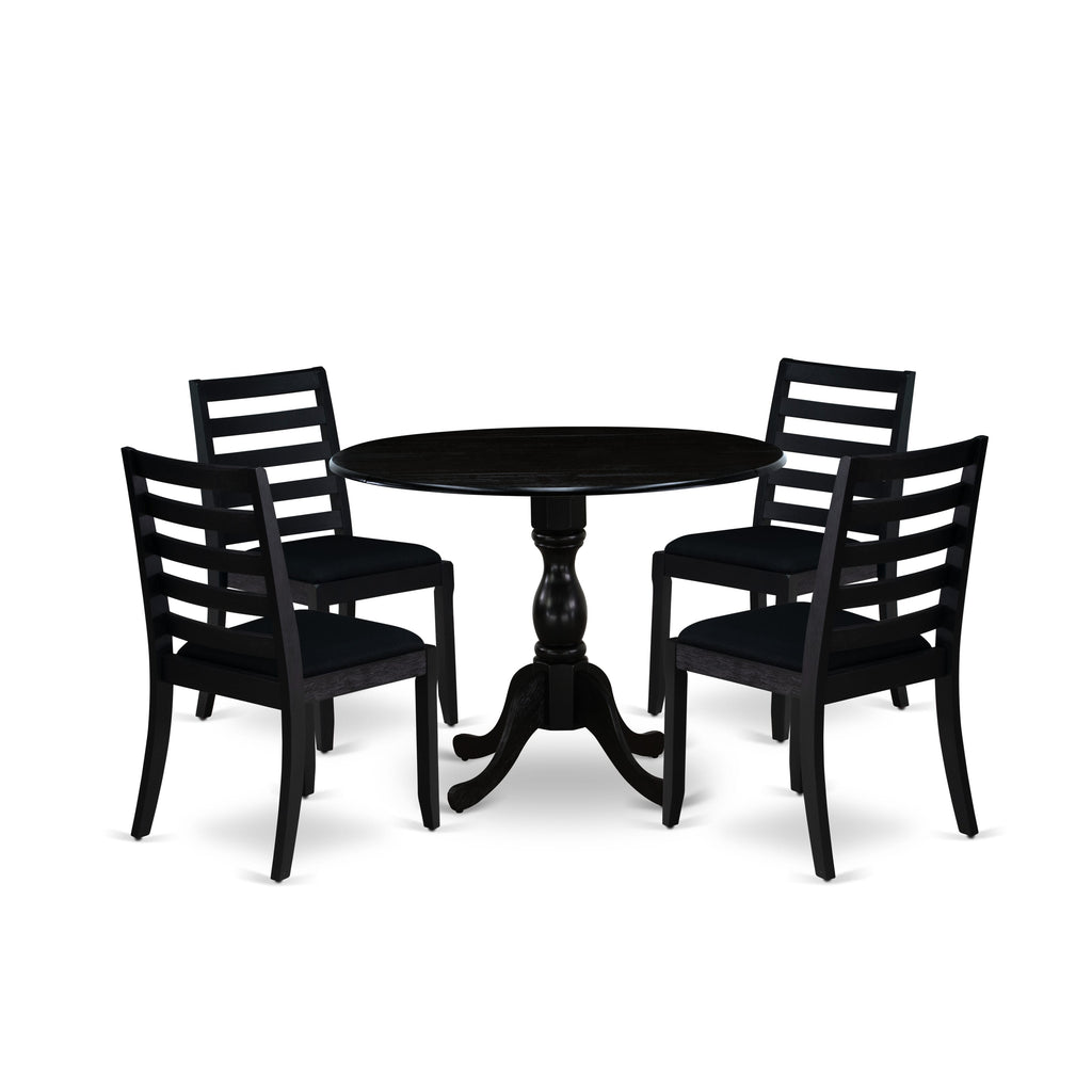East West Furniture DMX15-ABK-24 -5 Piece Dining Set Includes a Round Kitchen Table with Wire Brushed Black Tabletop & 4 Stackable Linen Fabric Chairs