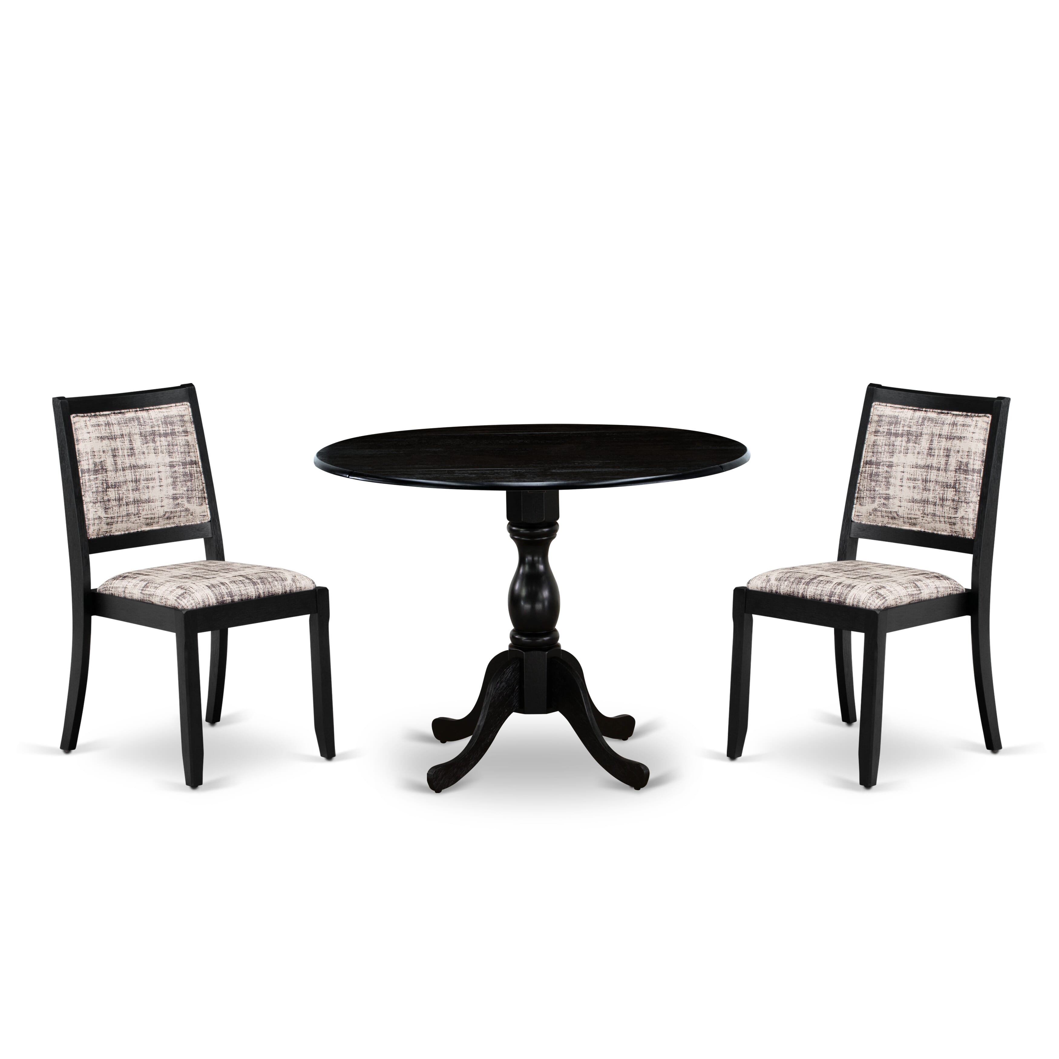 East West Furniture DMX23-ABK-30 -3 Piece Dining Set Includes a Round Table & 2 Stackable Faux Leather Fabric Chairs, Wire Brushed Black
