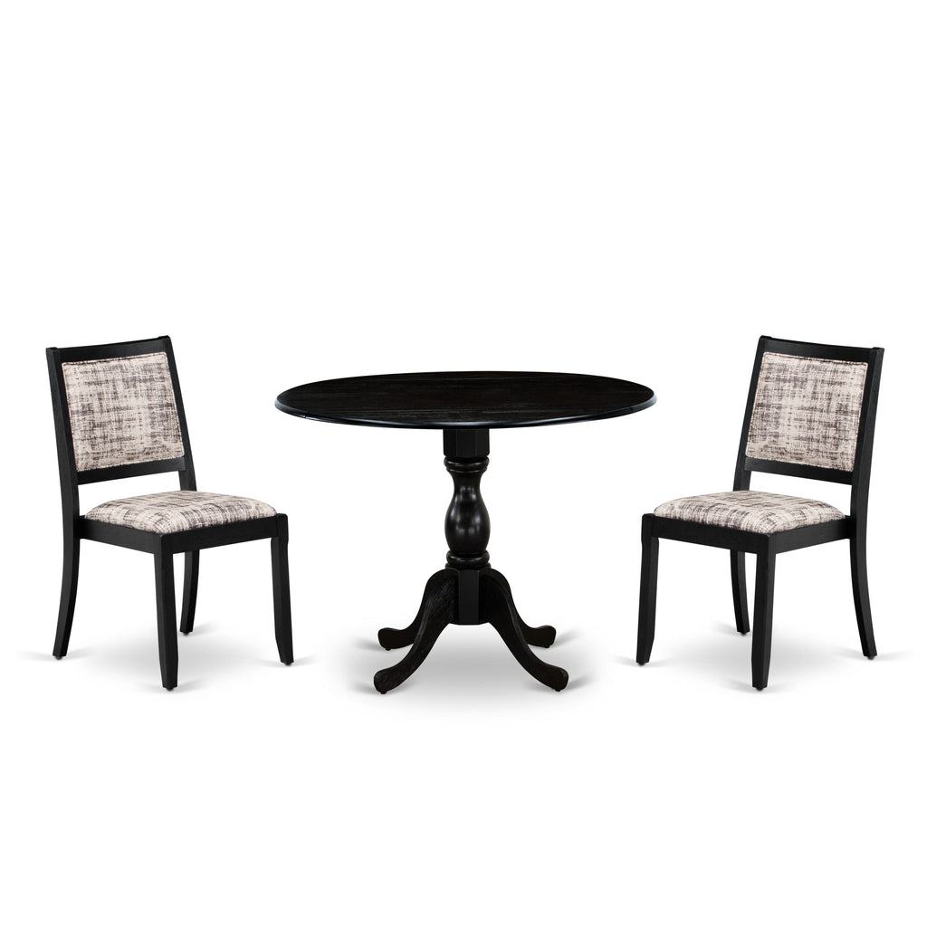 Juego de comedor East West Furniture DMX23-ABK-30 de 3 piezas. Incluye una mesa de cocina redonda con tablero negro cepillado y 2 sillas apilables de piel sintética.