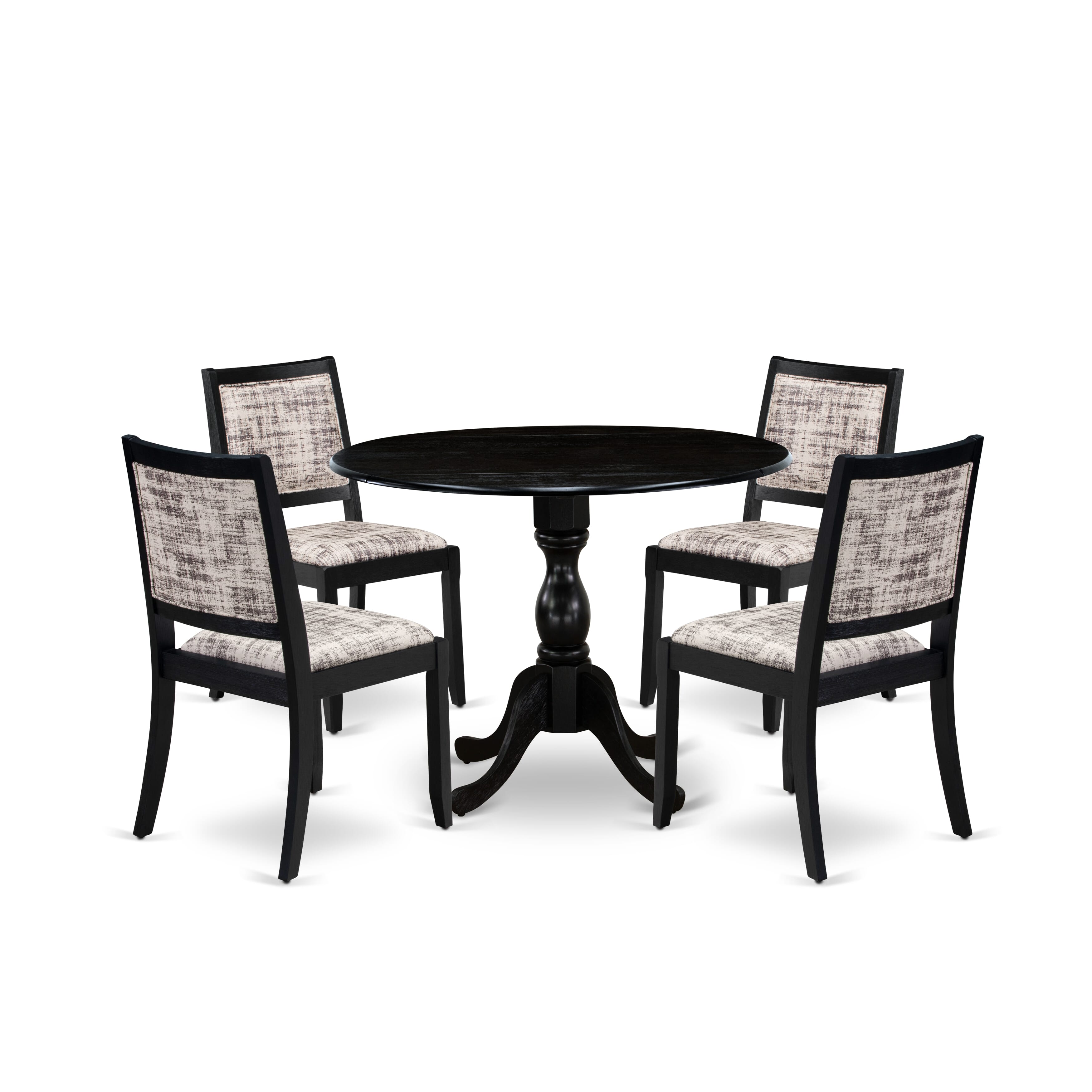 East West Furniture DMX25-ABK-30 -5 Piece Dining Set Includes a Round Table & 4 Stackable Faux Leather Fabric Chairs, Wire Brushed Black
