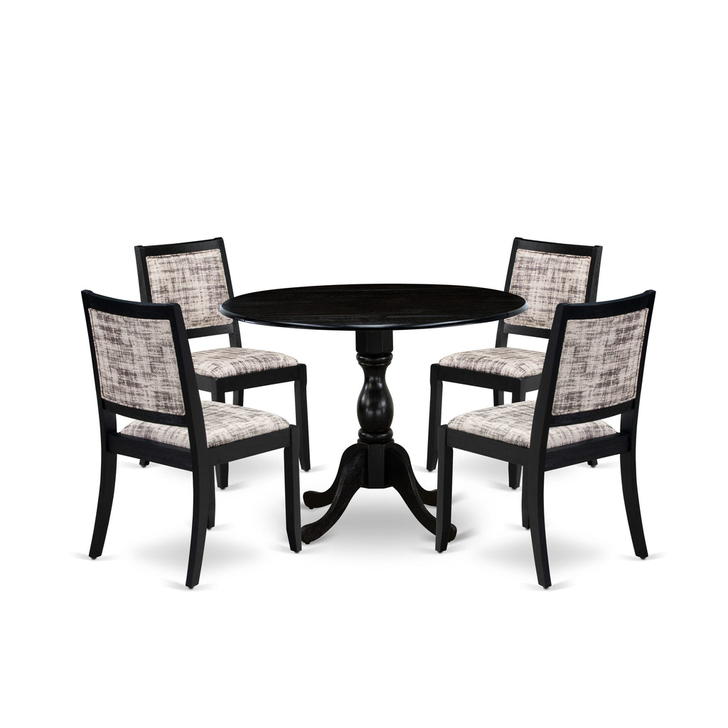 East West Furniture DMX25-ABK-30 -5 Piece Dining Set Includes a Round Kitchen Table with Wire Brushed Black Tabletop & 4 Stackable Linen Fabric Chairs