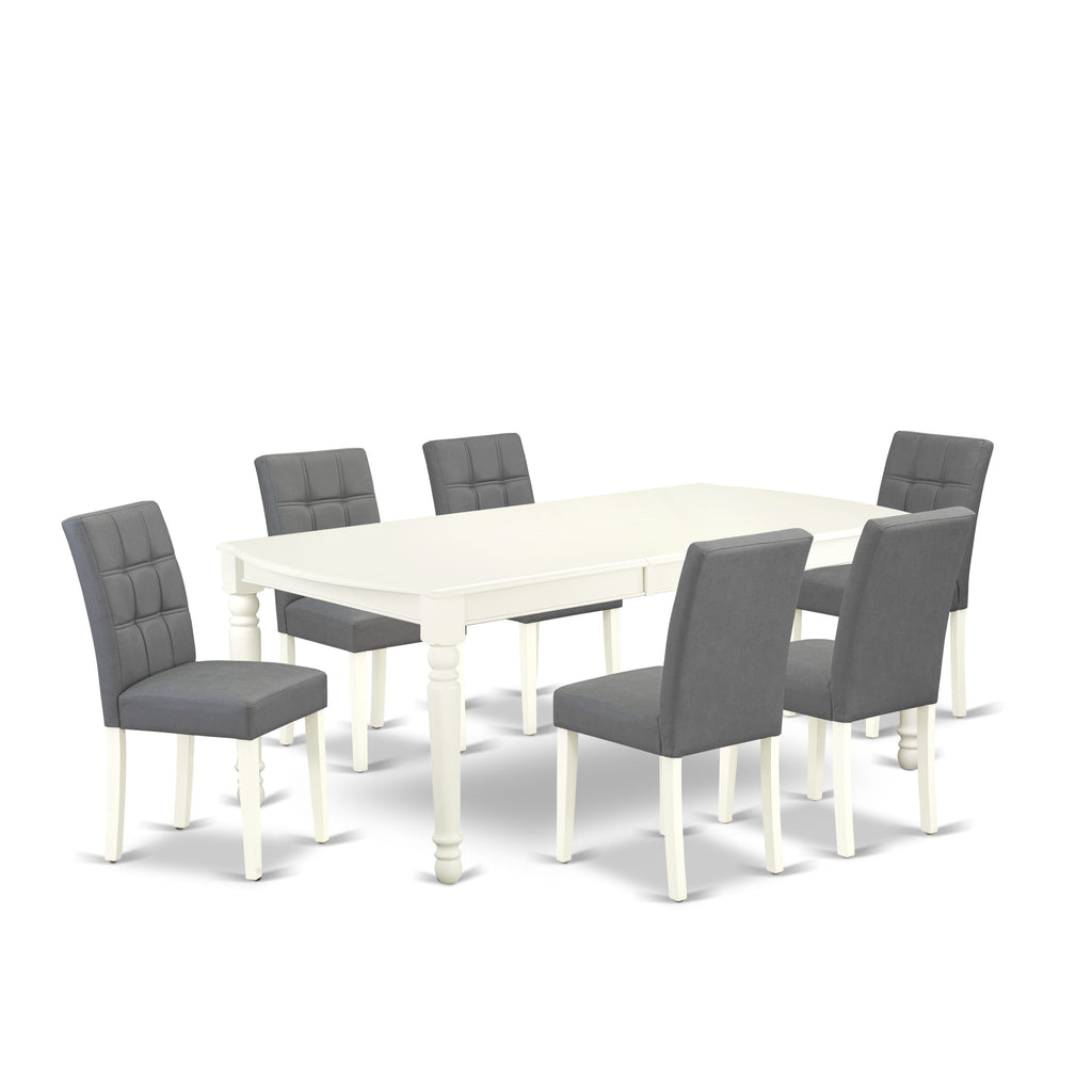 East West Furniture DOAS7-LWH-41 7 Piece Modern Dining Table Set  Includes A Wood Table and 6 Platinum Gray Faux Leather Padded Chairs with Stylish Back- Linen White Finish