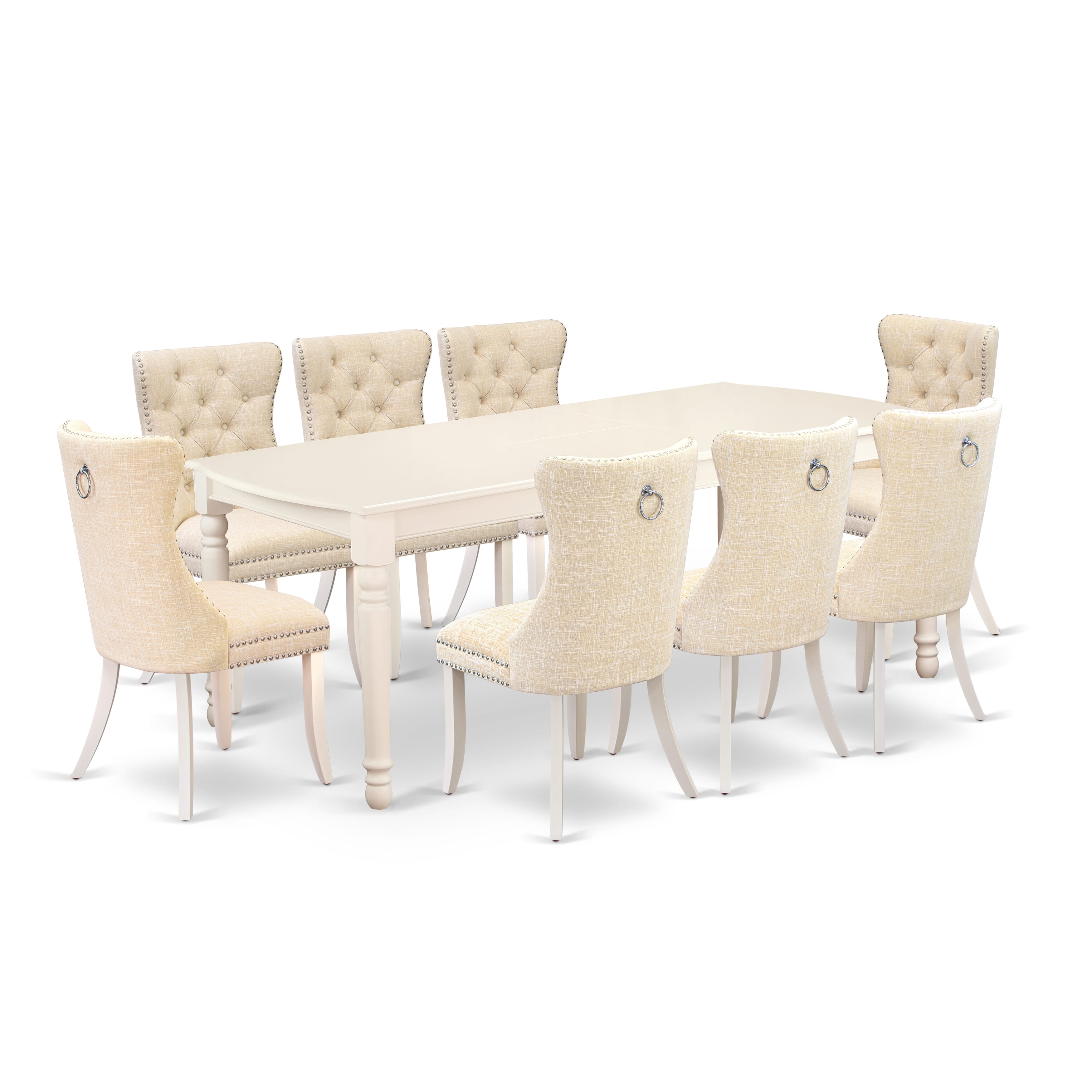 East West Furniture DODA9-LWH-32 9 Piece Kitchen Table Set Contains a Rectangle Dining Table with Removable leaf and 8 Upholstered Chairs, 42x78 Inch, linen white