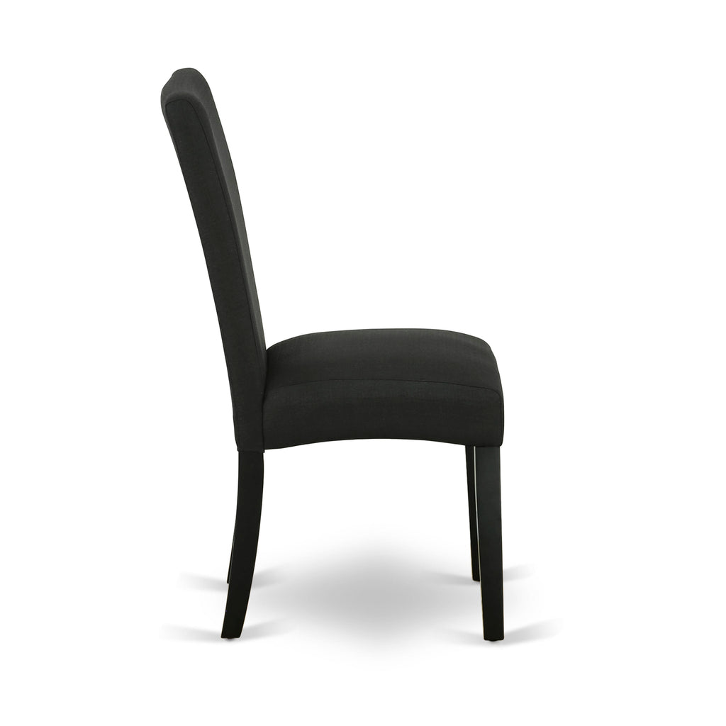 Juego de comedor de 5 piezas East West Furniture X626DR124-5. Incluye una mesa de comedor rectangular con patas en forma de X y 4 sillas tapizadas en tela de lino de color negro.