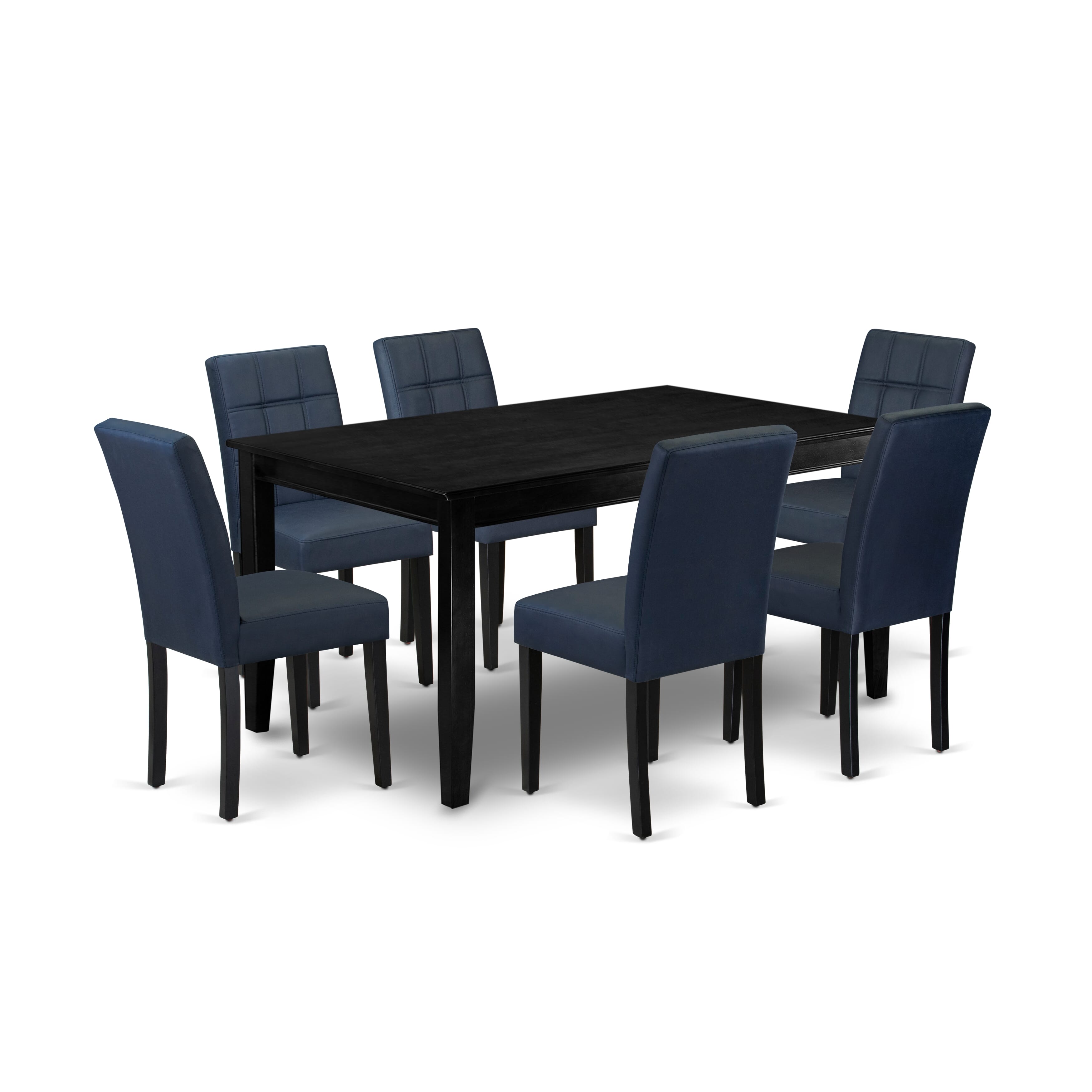 DUAS7-BLK-09 7 Piece Dinner Table Set contain A Kitchen Table and 6 Dark Navy Blue Faux Leather Person Kitchen Chairs with Stylish Back- Black Finish