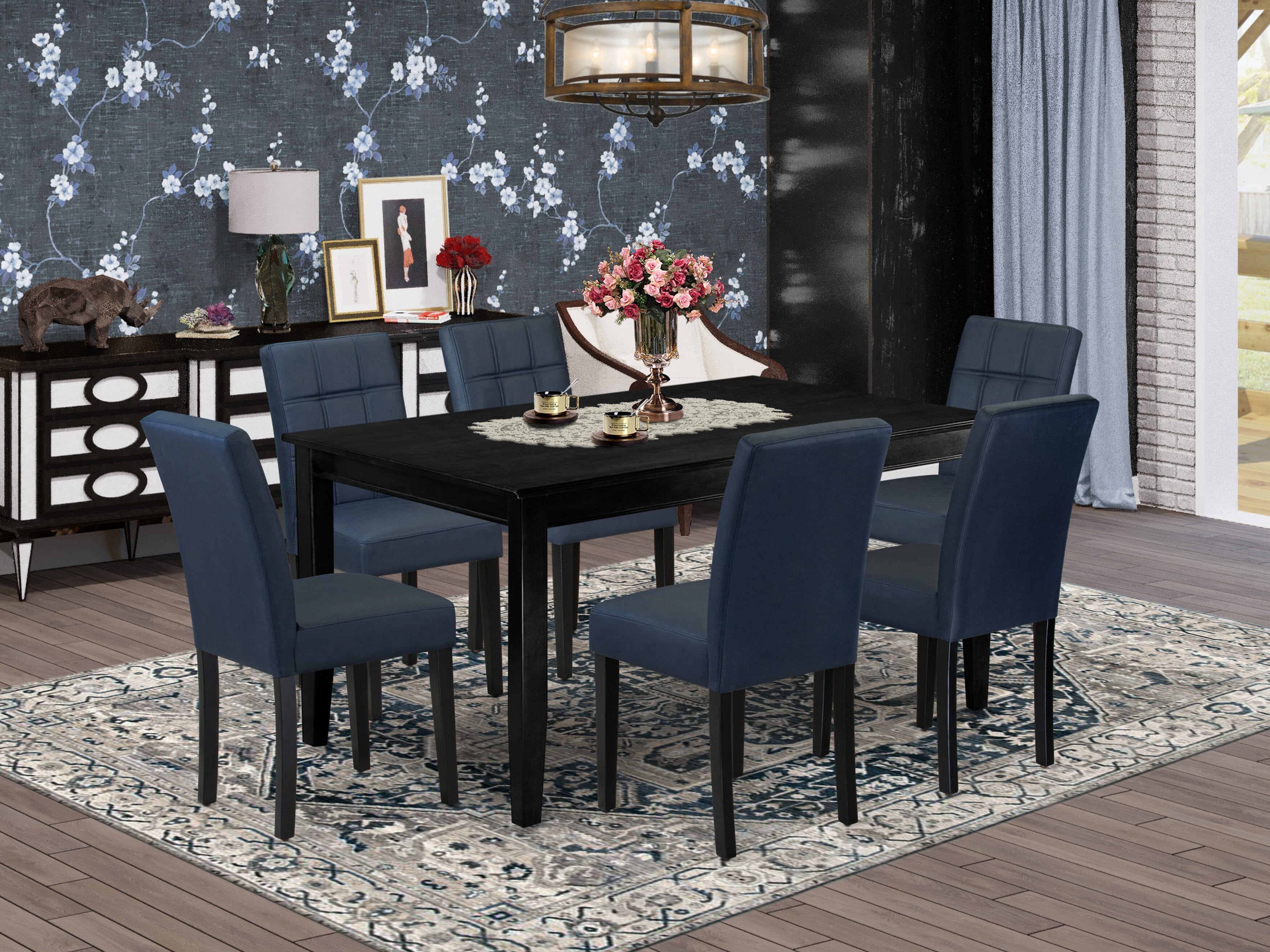 DUAS7-BLK-09 7 Piece Dinner Table Set contain A Kitchen Table and 6 Dark Navy Blue Faux Leather Person Kitchen Chairs with Stylish Back- Black Finish
