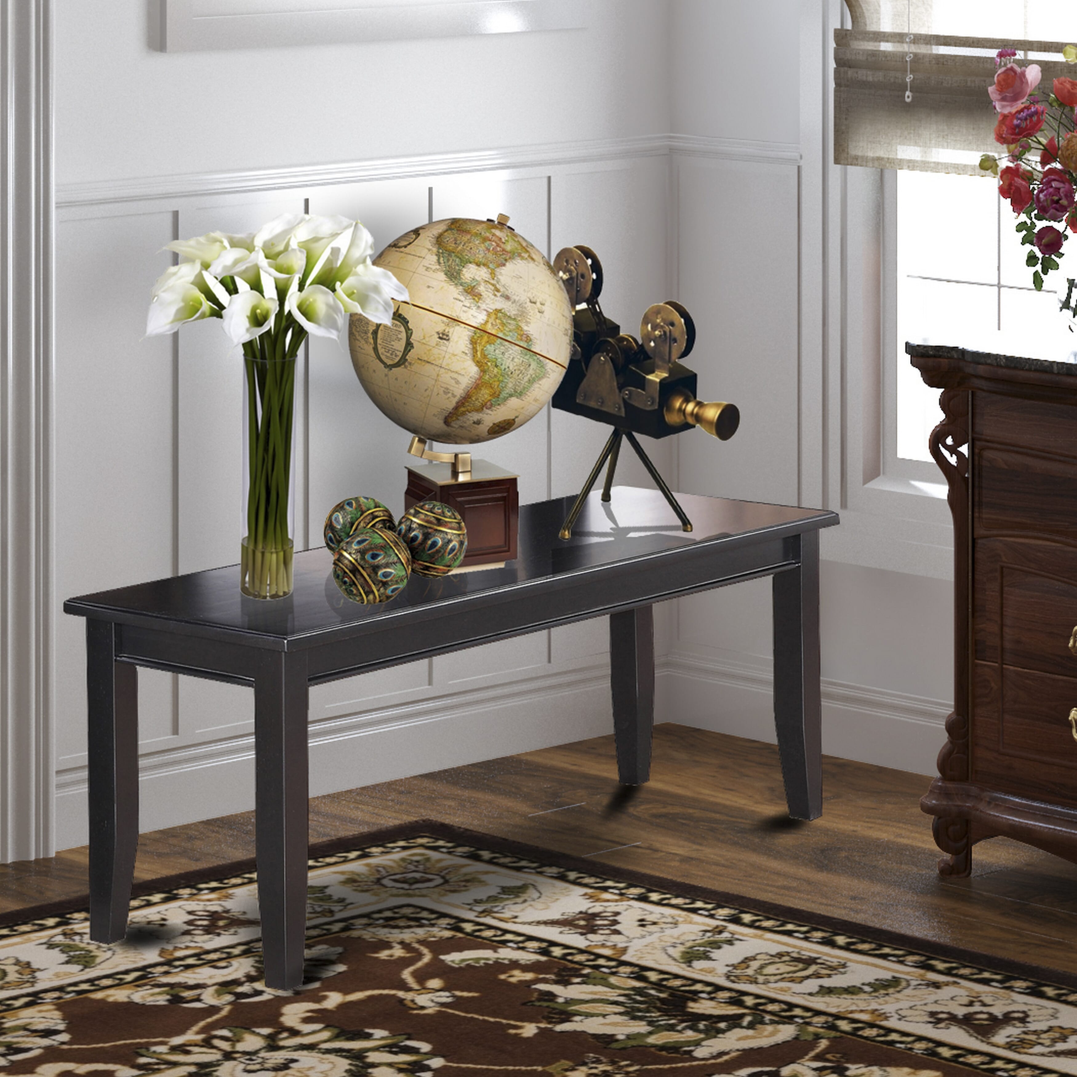 East West Furniture DUAS6-BLK-09 6 Piece Dining Table Set consists A Kitchen Table and a Modren Dining bench 4 Dark Navy Blue Faux Leather Parson Dining Chairs with Stylish Back- Black Finish