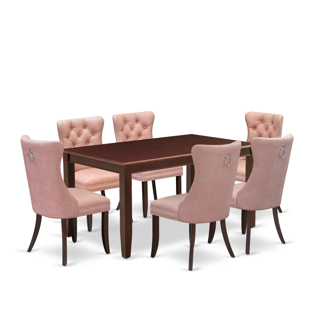 East West Furniture DUDA7-MAH-23 7 Piece Dining Room Table Set Consists of a Rectangle Kitchen Table and 6 Parson Chairs, 36x60 Inch, Mahogany