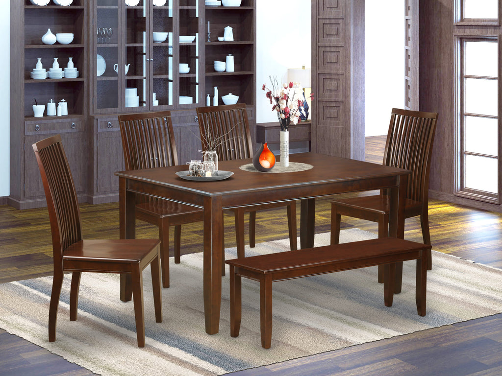 Juego de mesa de comedor de 6 piezas DUIP6-MAH-W de East West Furniture. Contiene una mesa de cocina rectangular y 4 sillas de comedor con un banco.
