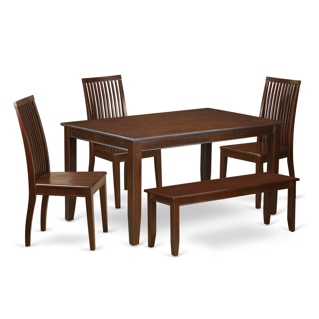 Juego de mesa de comedor de 6 piezas DUIP6-MAH-W de East West Furniture. Contiene una mesa de cocina rectangular y 4 sillas de comedor con un banco.