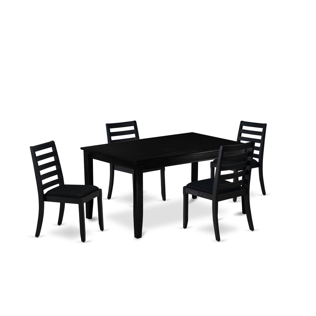 East West Furniture DUX15-BLK-24-5 Piece Dining Set Includes a Rectangular Kitchen Table with Black Tabletop and 4 Stackable Faux Leather Chairs