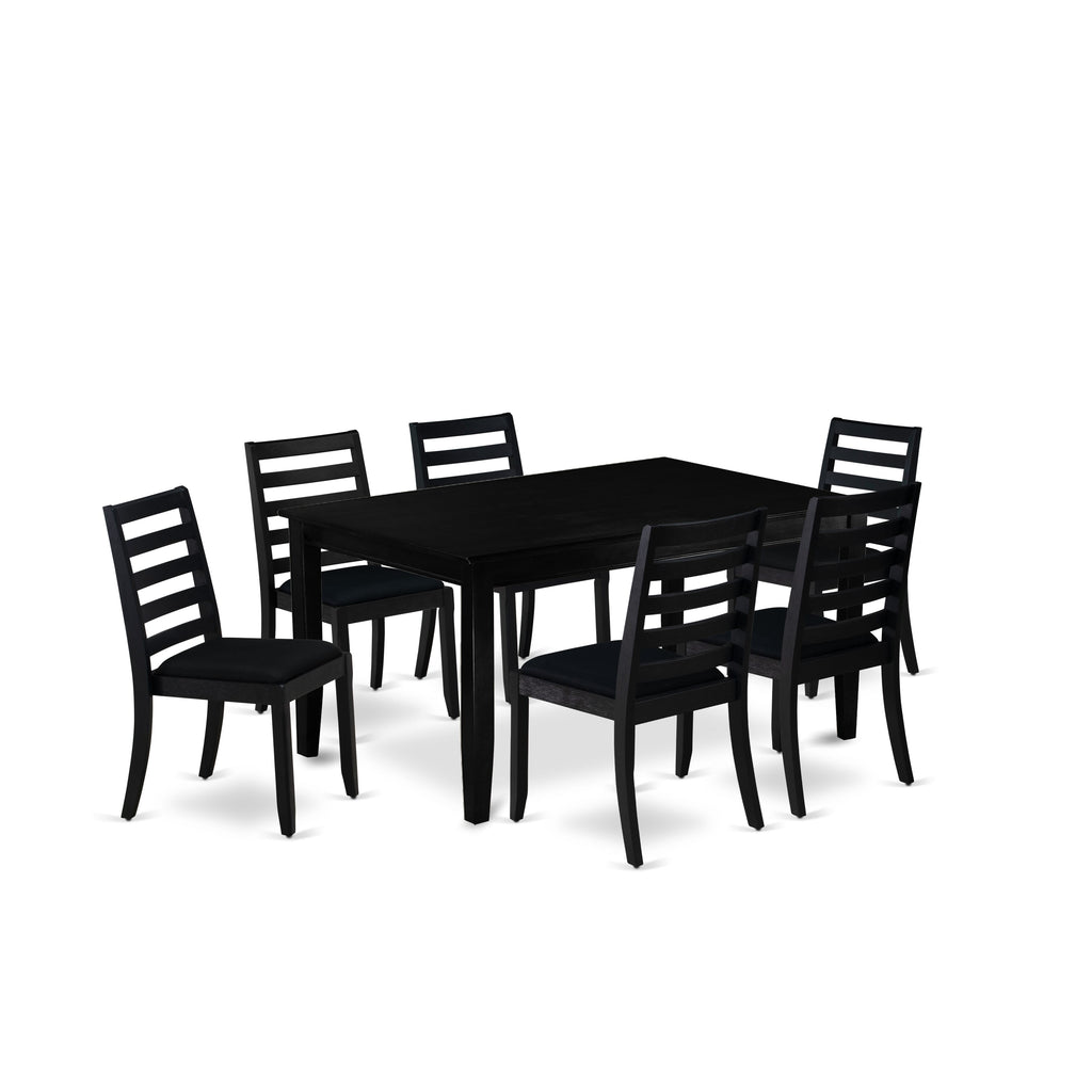 East West Furniture DUX17-BLK-24 -7 Piece Dining Set Includes a Rectangular Kitchen Table with Black Tabletop and 6 Stackable Linen Fabric Chairs