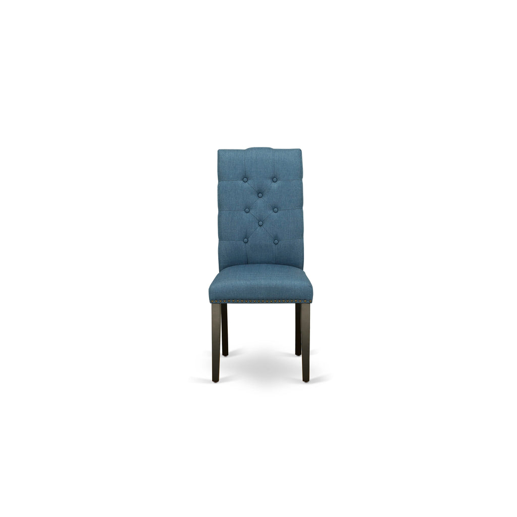 Juego de comedor de 6 piezas East West Furniture X626EL121-6. Contiene una mesa de comedor rectangular con patas en forma de X y 4 sillas Parson de tela de lino azul con un banco.