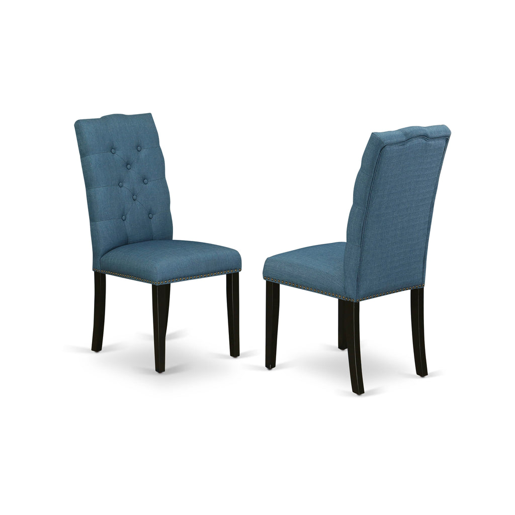 Juego de comedor de 6 piezas East West Furniture X626EL121-6. Contiene una mesa de comedor rectangular con patas en forma de X y 4 sillas Parson de tela de lino azul con un banco.
