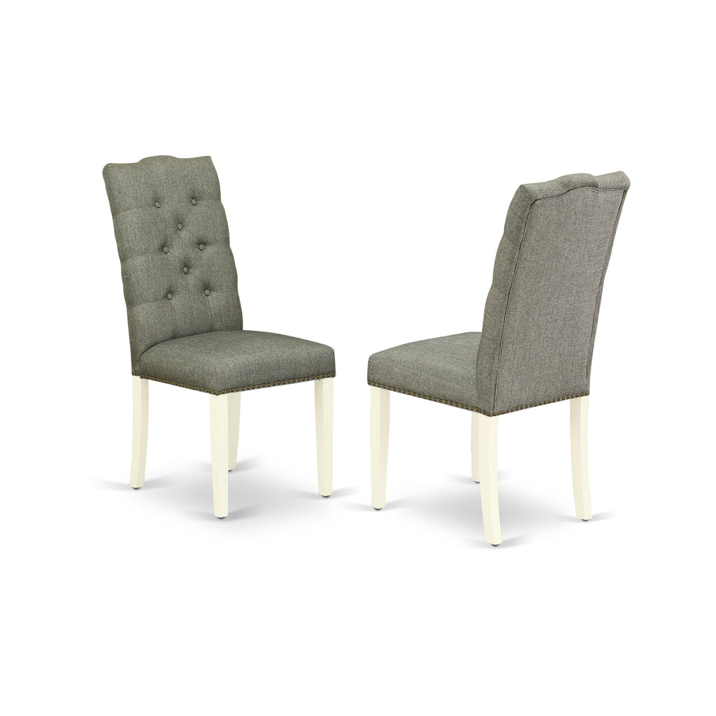 East West Furniture 6-Pc Dining room Table Set-Smoke Color Linen Fabric Seat and Button Tufted Chair Back Dining room chairs