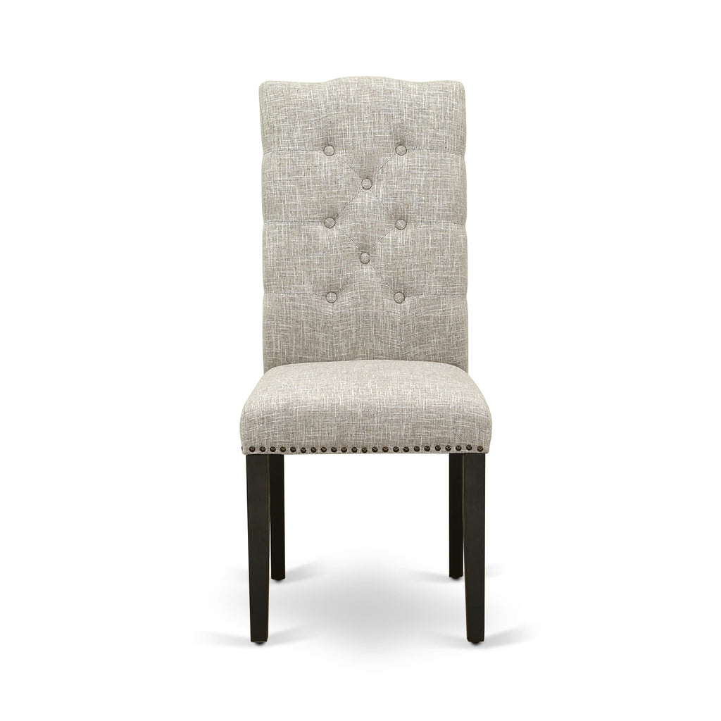 Juego de mesa de comedor de 6 piezas East West Furniture X627EL635-6. Contiene una mesa de comedor rectangular con patas en forma de X y 4 sillas Parson de tela de lino y piel de venado con un banco.