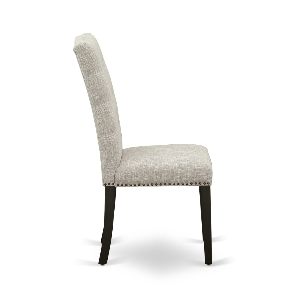 Juego de mesa de comedor de 6 piezas East West Furniture X627EL635-6. Contiene una mesa de comedor rectangular con patas en forma de X y 4 sillas Parson de tela de lino y piel de venado con un banco.