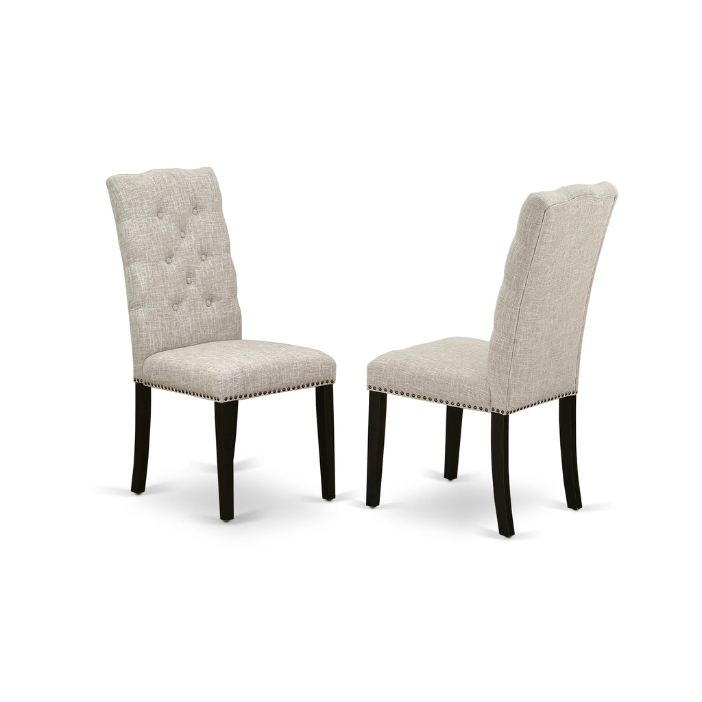 Juego de mesa de comedor de 5 piezas East West Furniture X627EL635-5. Incluye una mesa de comedor rectangular con patas en forma de X y 4 sillas tapizadas en tela de lino y piel de venado.
