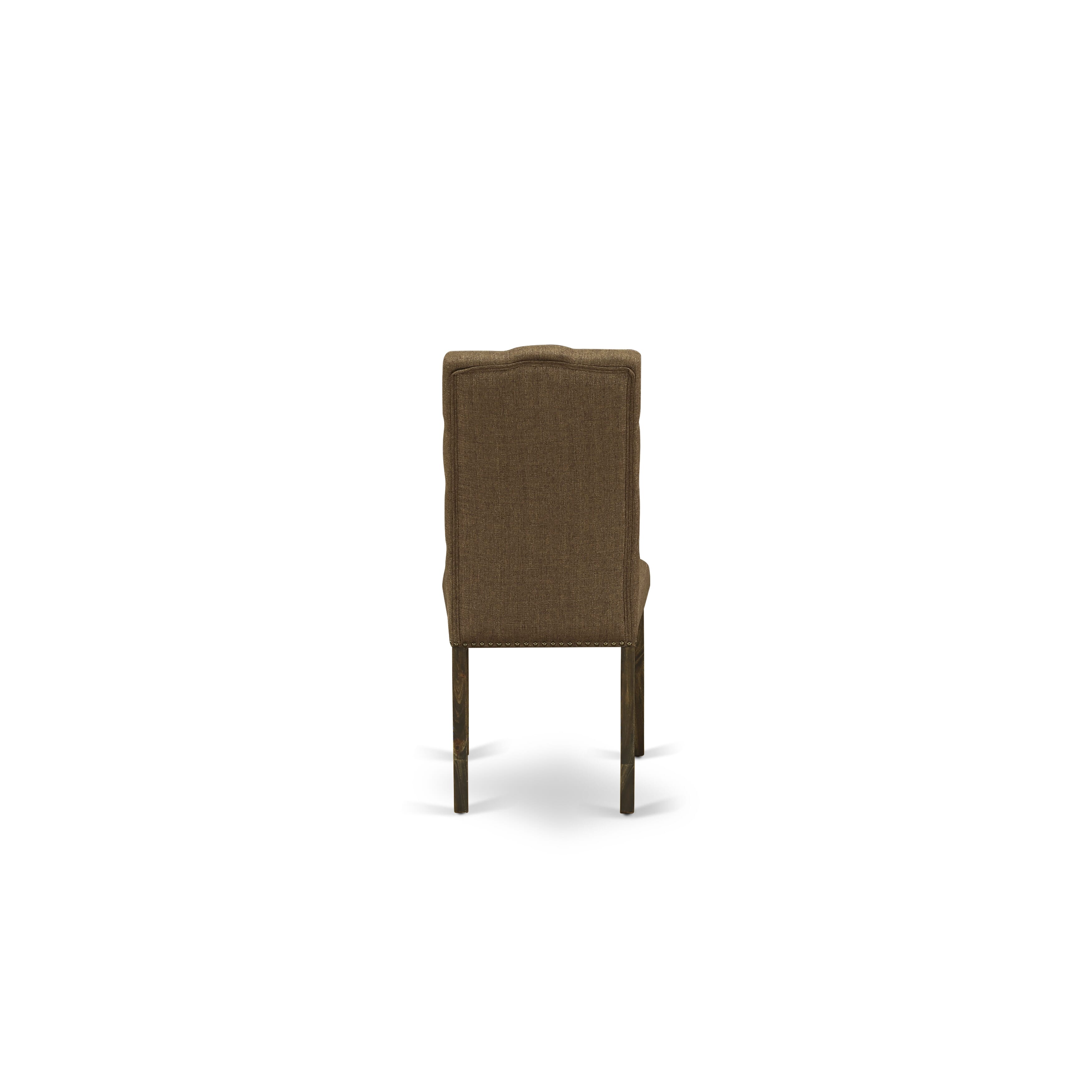 East West Furniture V777EL718-6 6-Pc dining table set-Brown Beige Linen Fabric Seat and Button Tufted Chair Back Parson Dining chairs