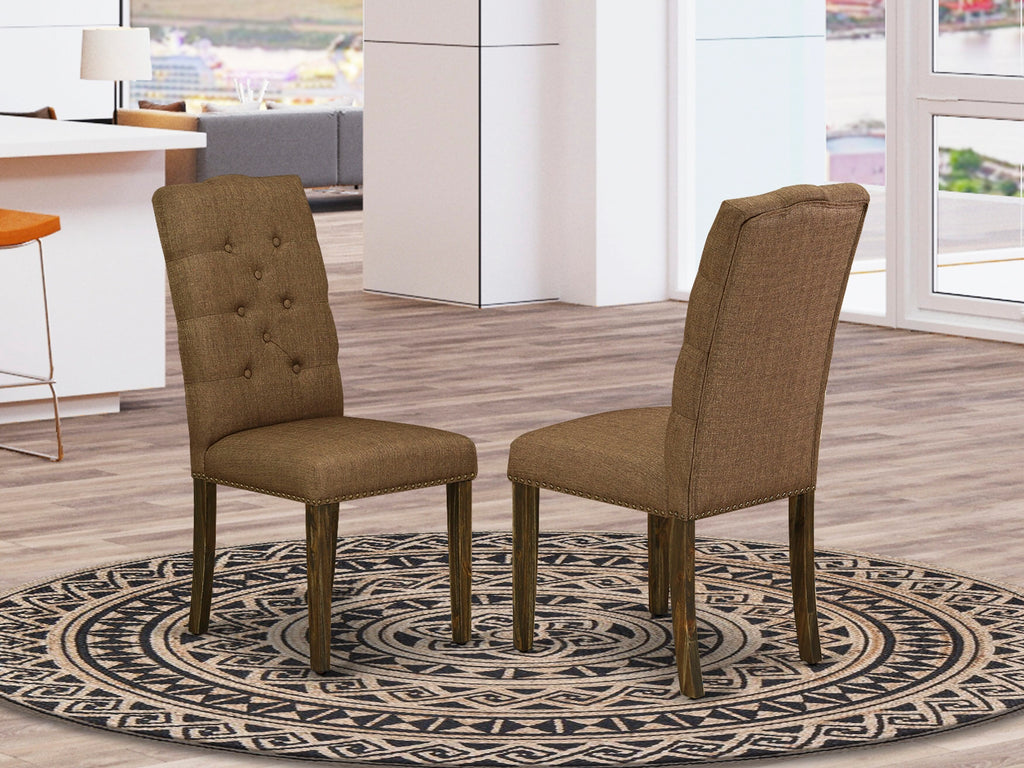 East West Furniture LAEL11-87-18 11-Pc Dining Set - A Removable leaf Double Pedestal Wooden Dining Table and 10 Brown Linen Fabric Dining Chairs with Button Tufted Back - Antique Walnut Finish