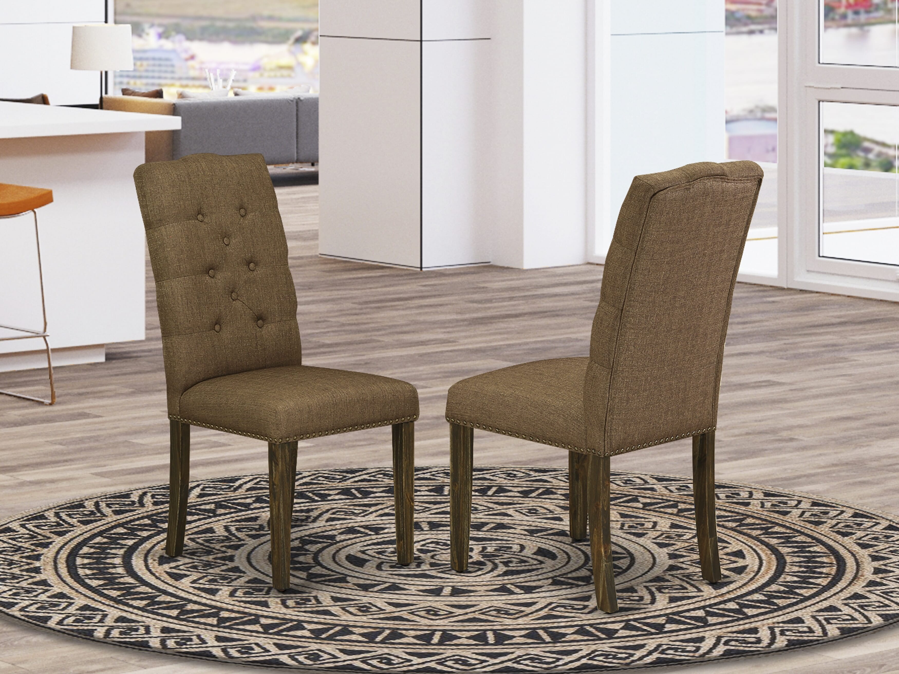 East West Furniture LAEL11-87-18 11-Pc Dining Set - A Removable leaf Double Pedestal Wooden Dining Table and 10 Brown Linen Fabric Dining Chairs with Button Tufted Back - Antique Walnut Finish