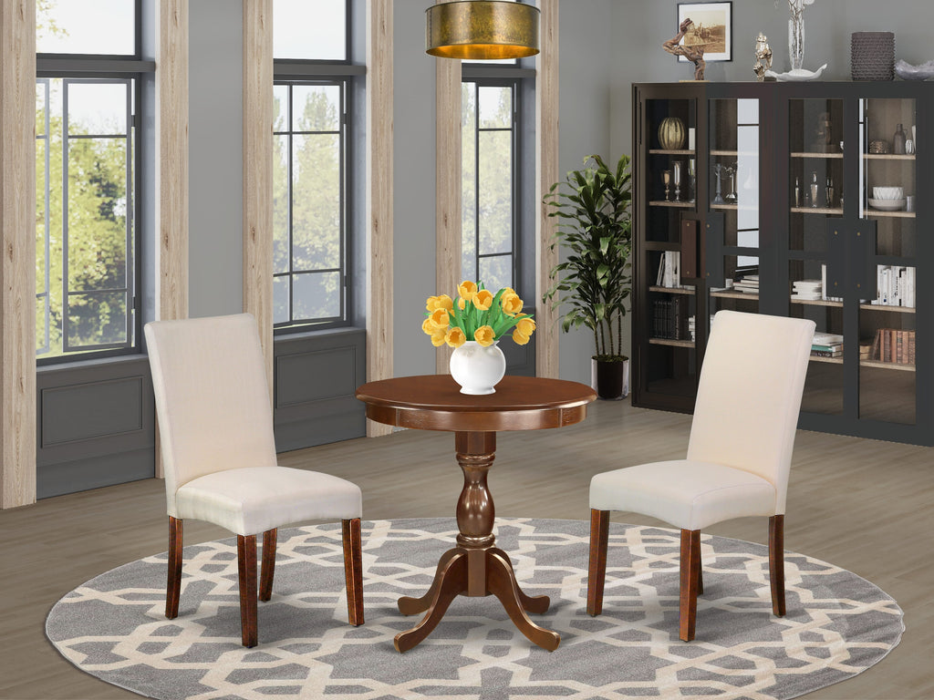 East West Furniture ESDR3-MAH-01 3 Piece Dining Room Table Set  Contains a Round Dining Table with Pedestal and 2 Cream Linen Fabric Upholstered Parson Chairs, 30x30 Inch, Mahogany