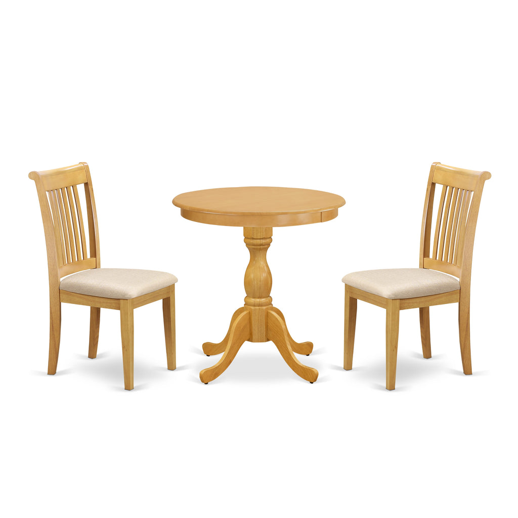 East West Furniture ESPO3-OAK-C 3 Piece Modern Dining Table Set Contains a Round Wooden Table with Pedestal and 2 Linen Fabric Kitchen Dining Chairs, 30x30 Inch, Oak