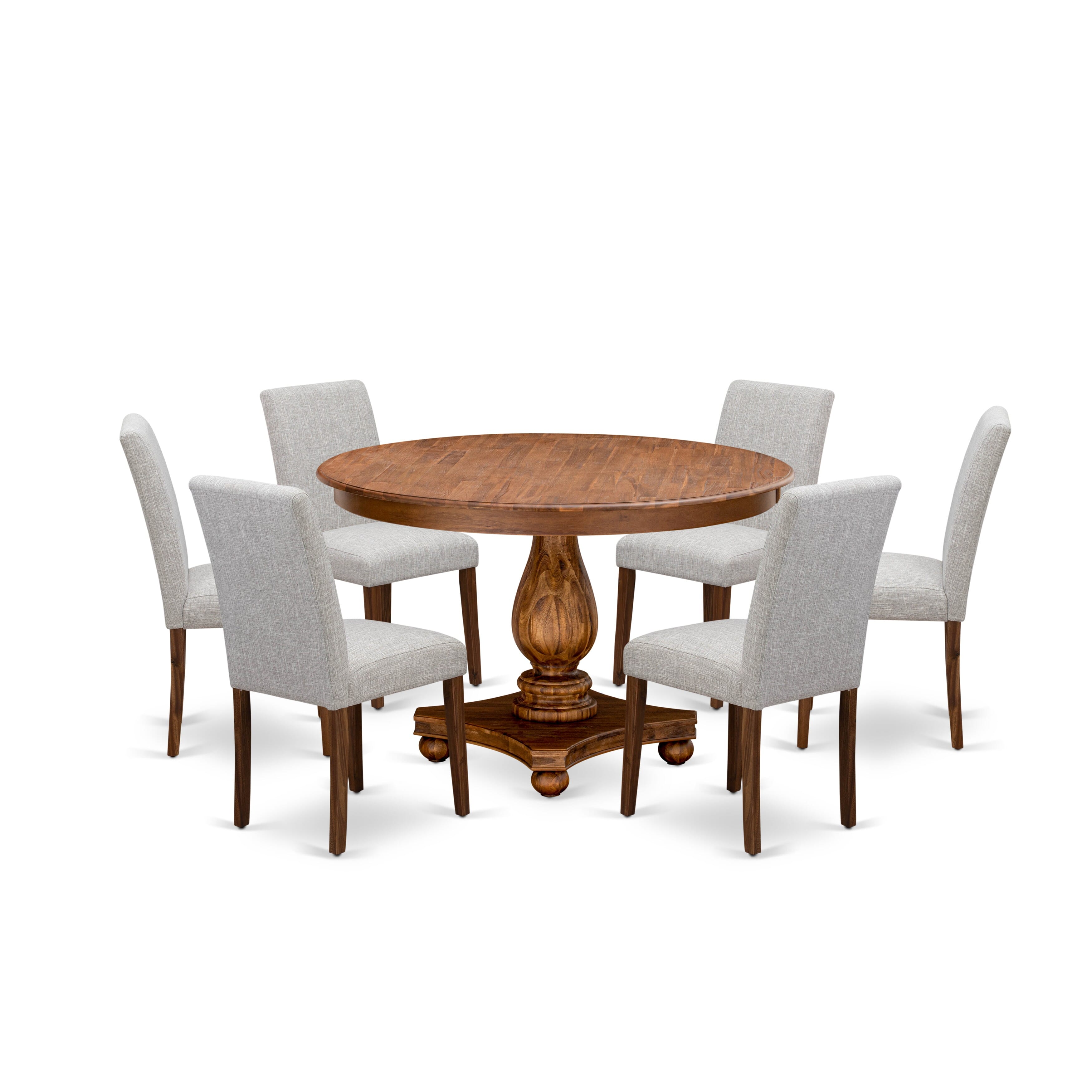 East West Furniture F2AB7-N35 7-Piece Dinette Set - Kitchen Pedestal Table and 6 Doeskin Color Parson Wood Chairs with High Back - Antique Walnut Finish