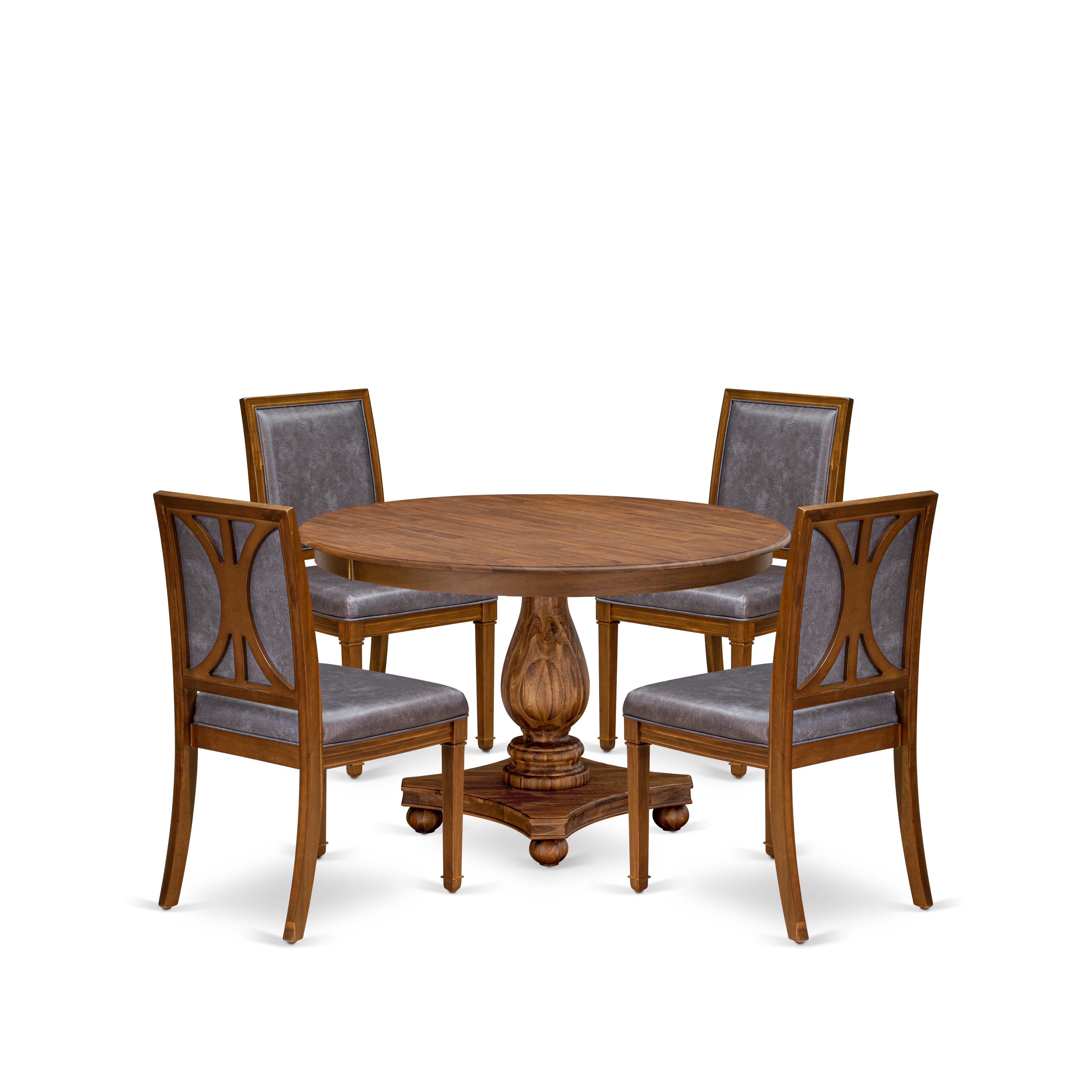 Luxe by East West Furniture F2AM5-40N-34 5-Piece Dining Set includes a round table top with a stylish pedestal and 4 Pu leather Dark Gray kitchen chairs with high backs - Antique Walnut