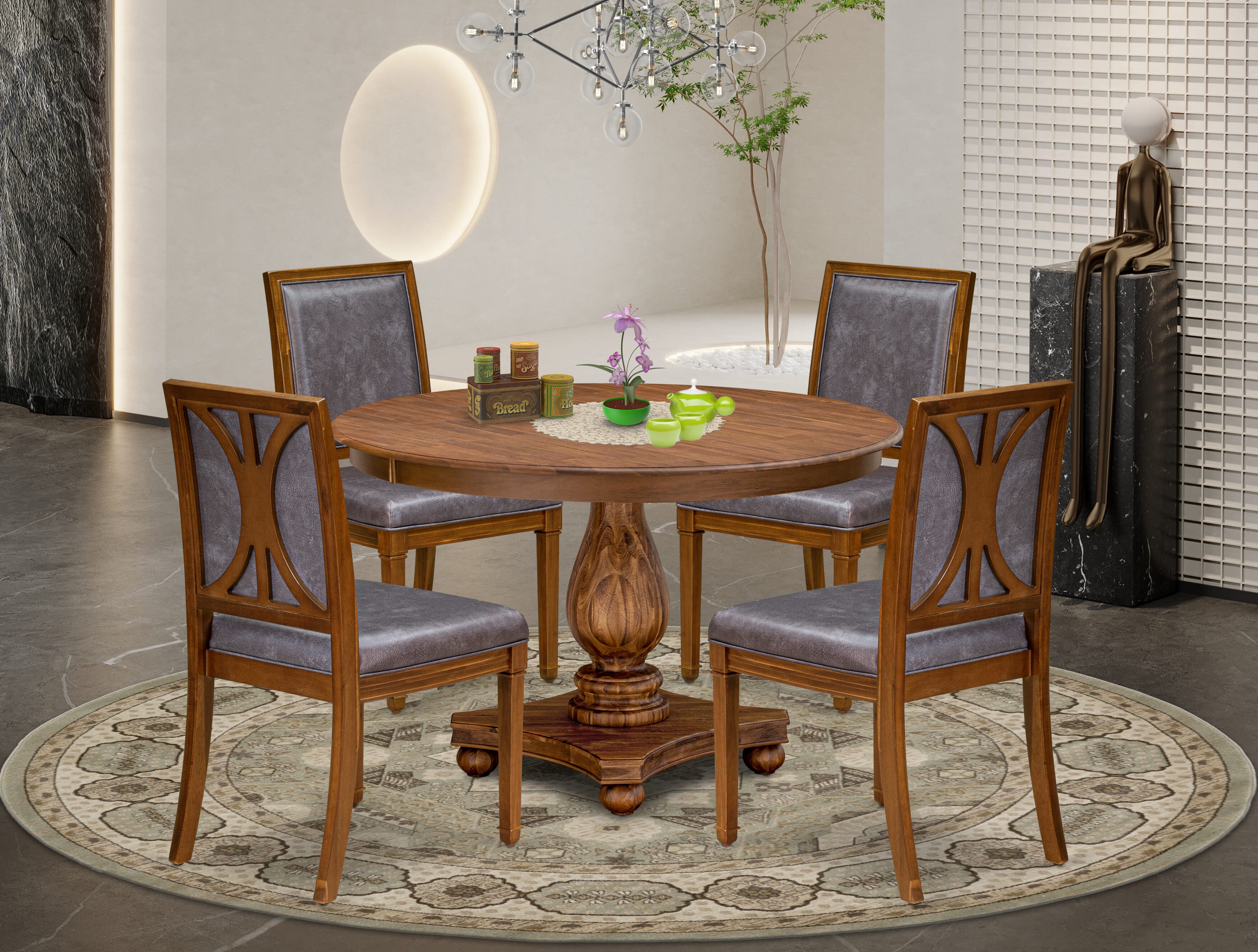 Luxe by East West Furniture F2AM5-40N-34 5-Piece Dining Set includes a round table top with a stylish pedestal and 4 Pu leather Dark Gray kitchen chairs with high backs - Antique Walnut