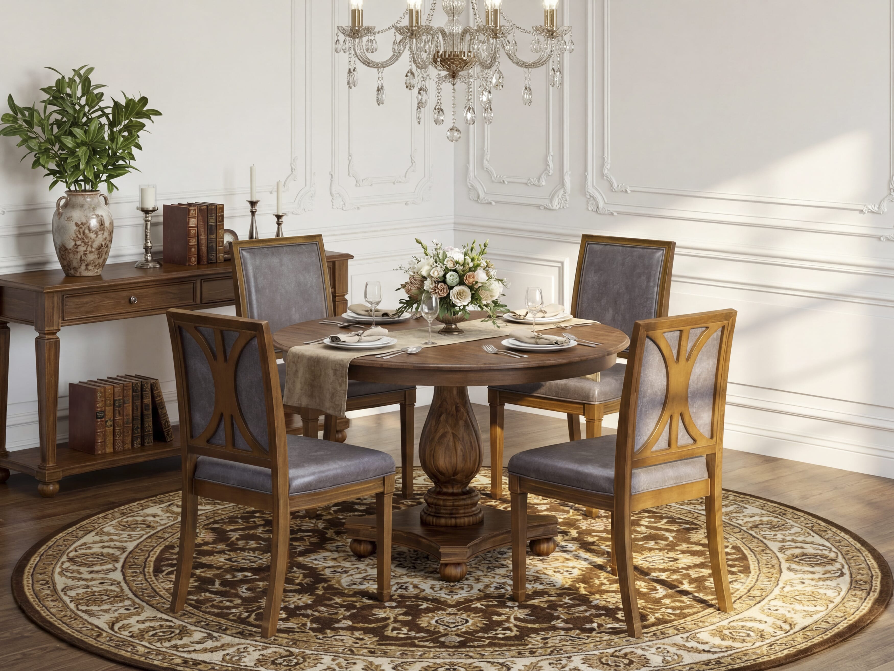 Luxe by East West Furniture F2AM5-40N-34 5-Piece Dining Set includes a round table top with a stylish pedestal and 4 Pu leather Dark Gray kitchen chairs with high backs - Antique Walnut