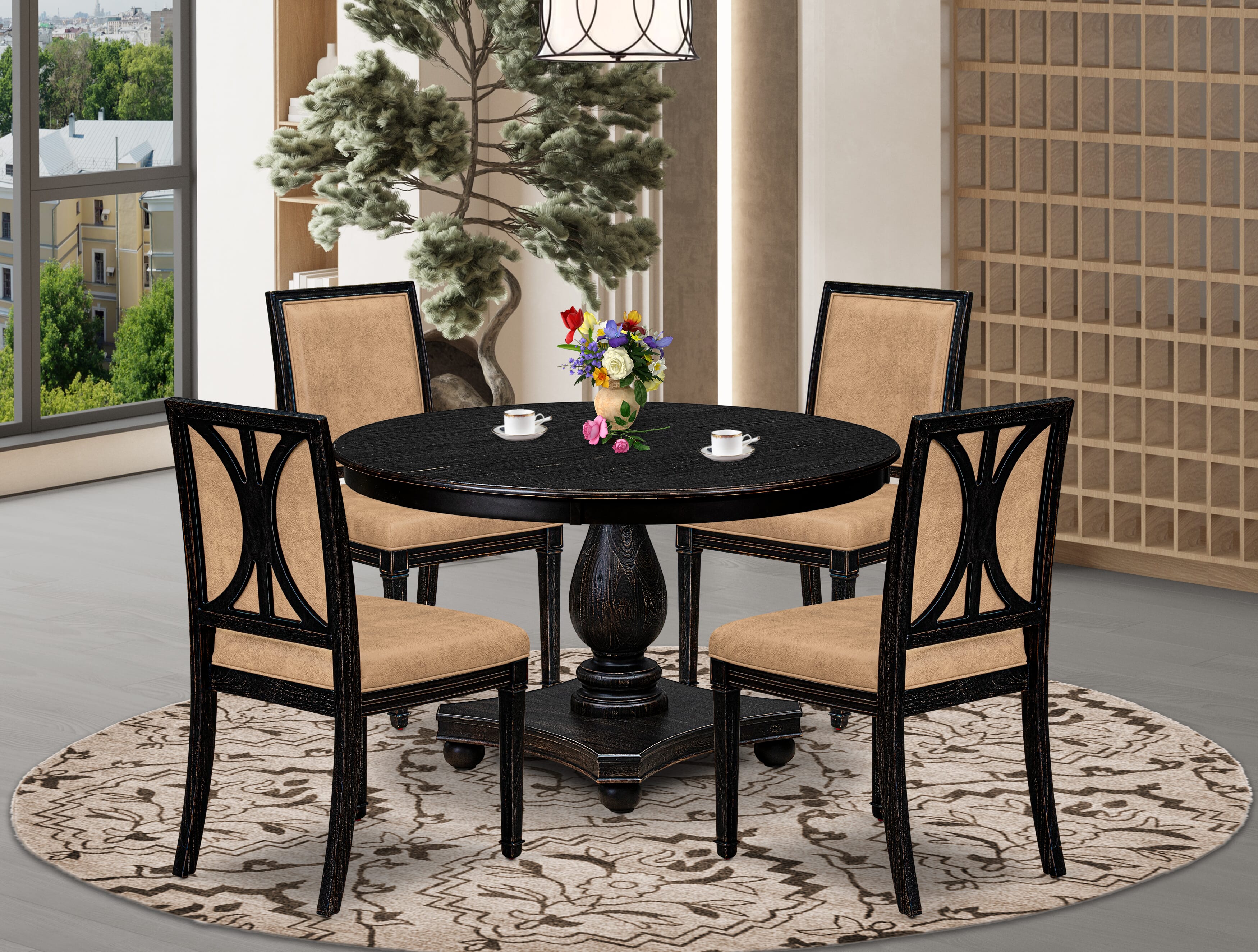 Luxe by East West Furniture - F2AM5-411-28 - 5-piece Dining Room Table Set consists of a Dining Table and 4 Beige Polyester Fabric Dining Chairs with High Back - Sand Blasting Black Finish
