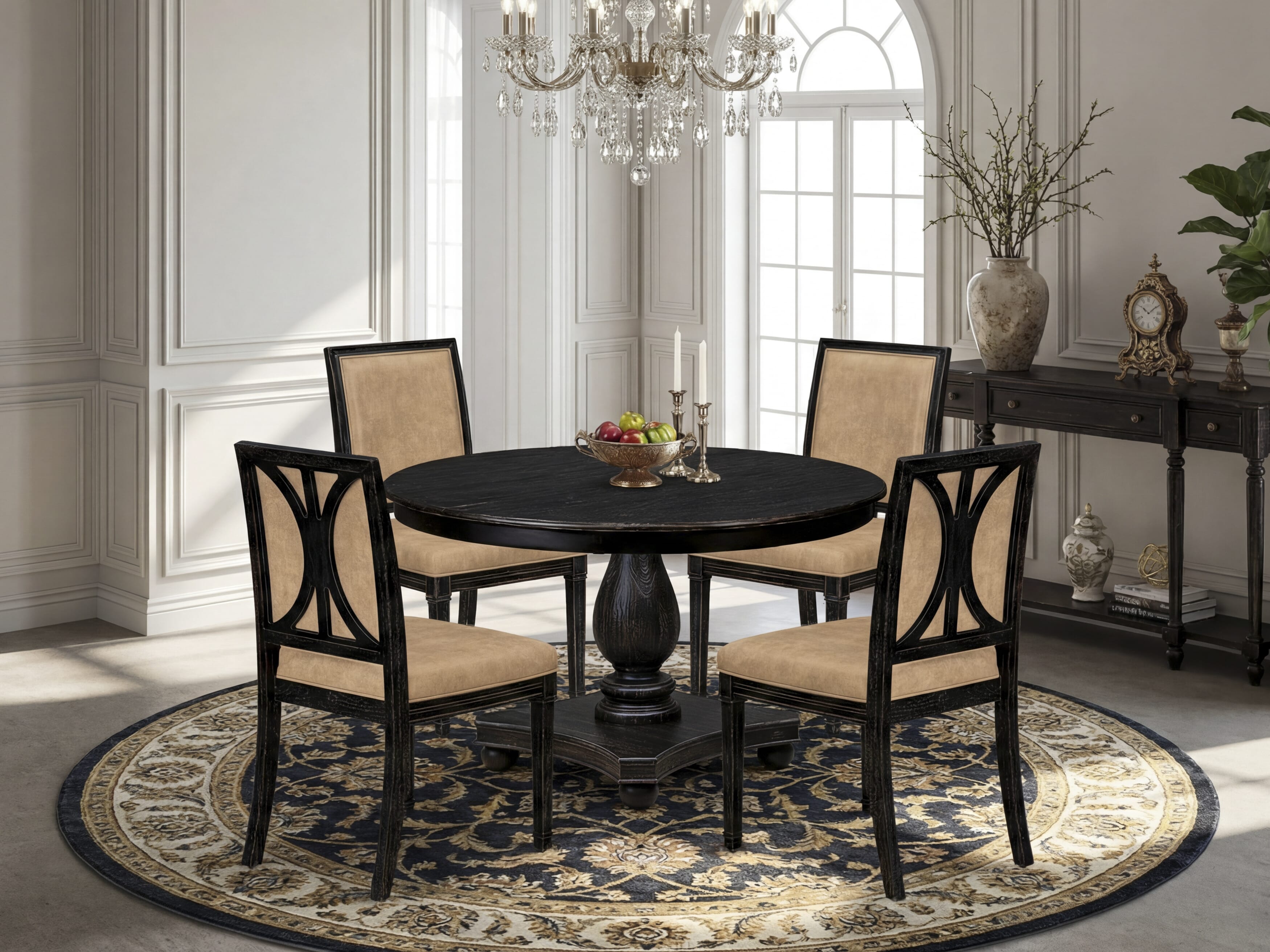 Luxe by East West Furniture - F2AM5-411-28 - 5-piece Dining Room Table Set consists of a Dining Table and 4 Beige Polyester Fabric Dining Chairs with High Back - Sand Blasting Black Finish